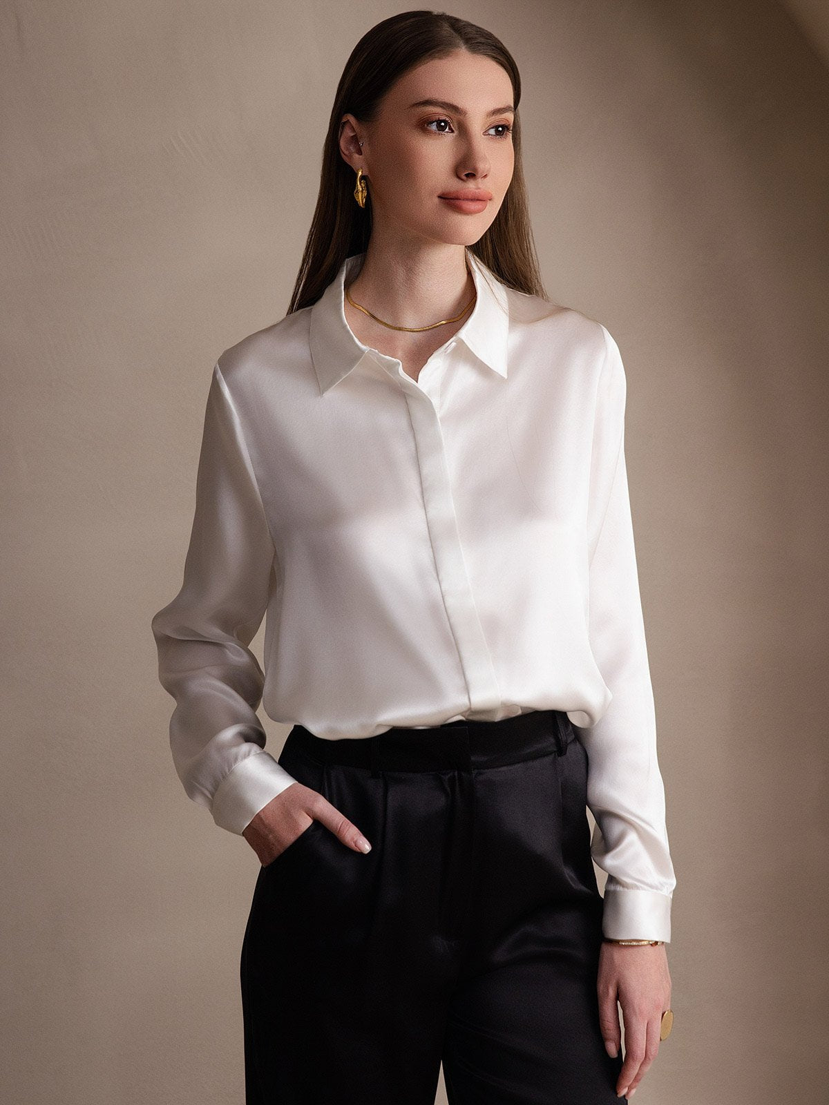 [White] SilkSilky-AU 19Momme Silk Lapel Collar Women's Shirt 001