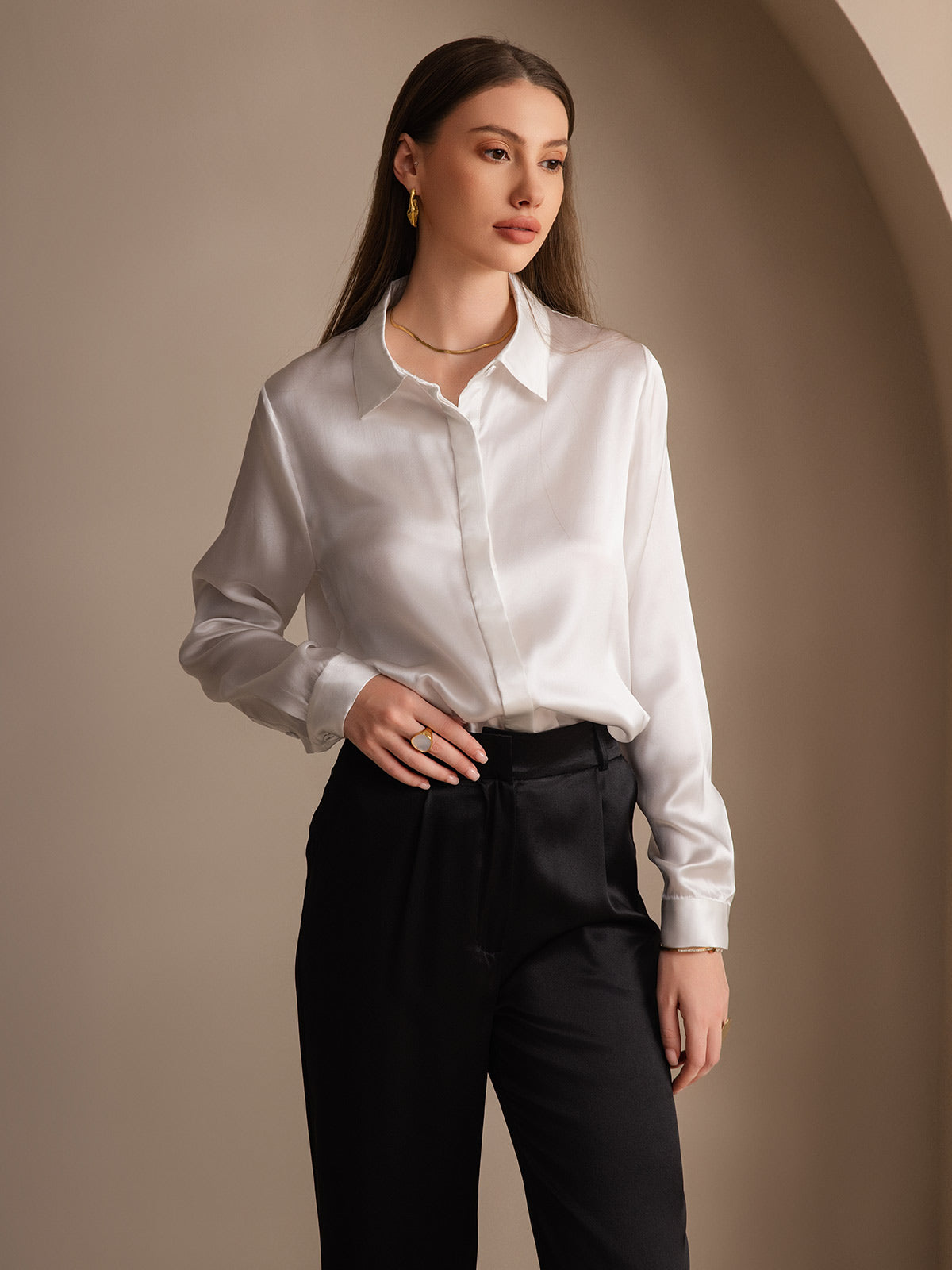 [White] SilkSilky-AU 19Momme Silk Lapel Collar Women's Shirt 001
