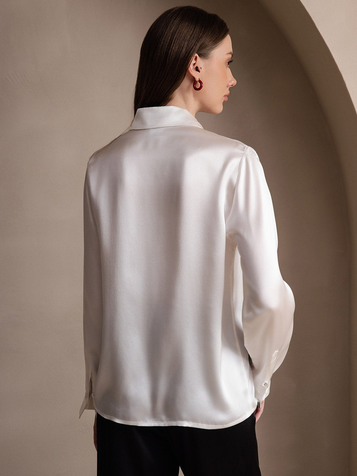 [White] SilkSilky-AU 19Momme Silk Lapel Collar Women's Shirt 002