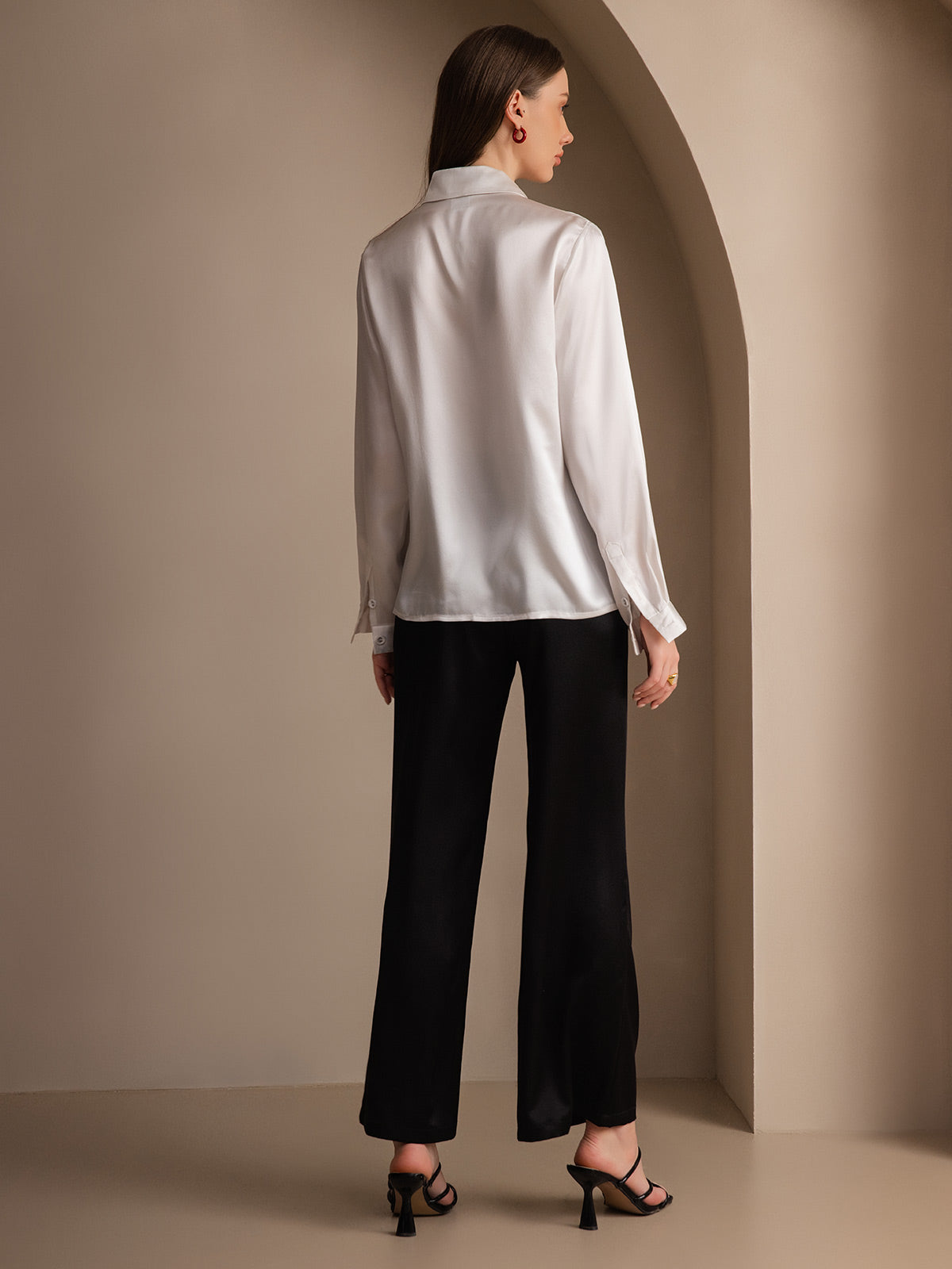 [White] SilkSilky-AU 19Momme Silk Lapel Collar Women's Shirt 002