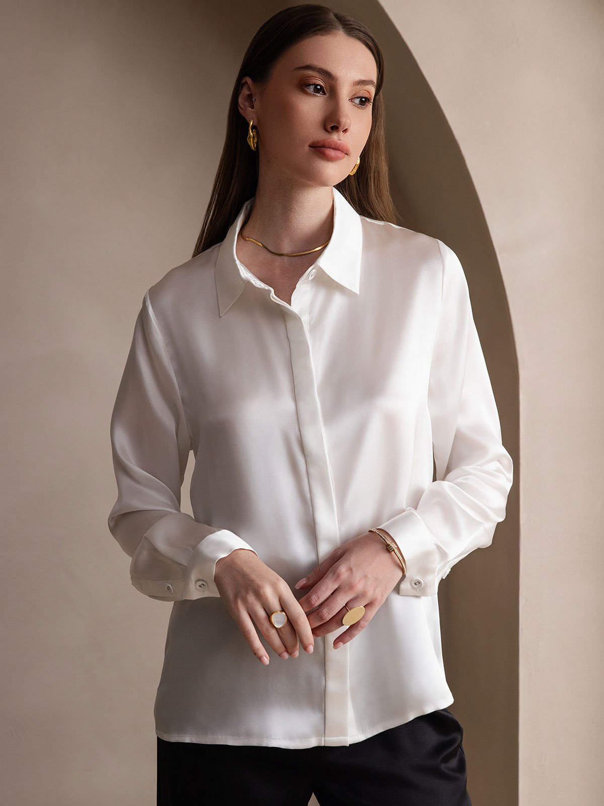 [White] SilkSilky-AU 19Momme Silk Lapel Collar Women's Shirt 003