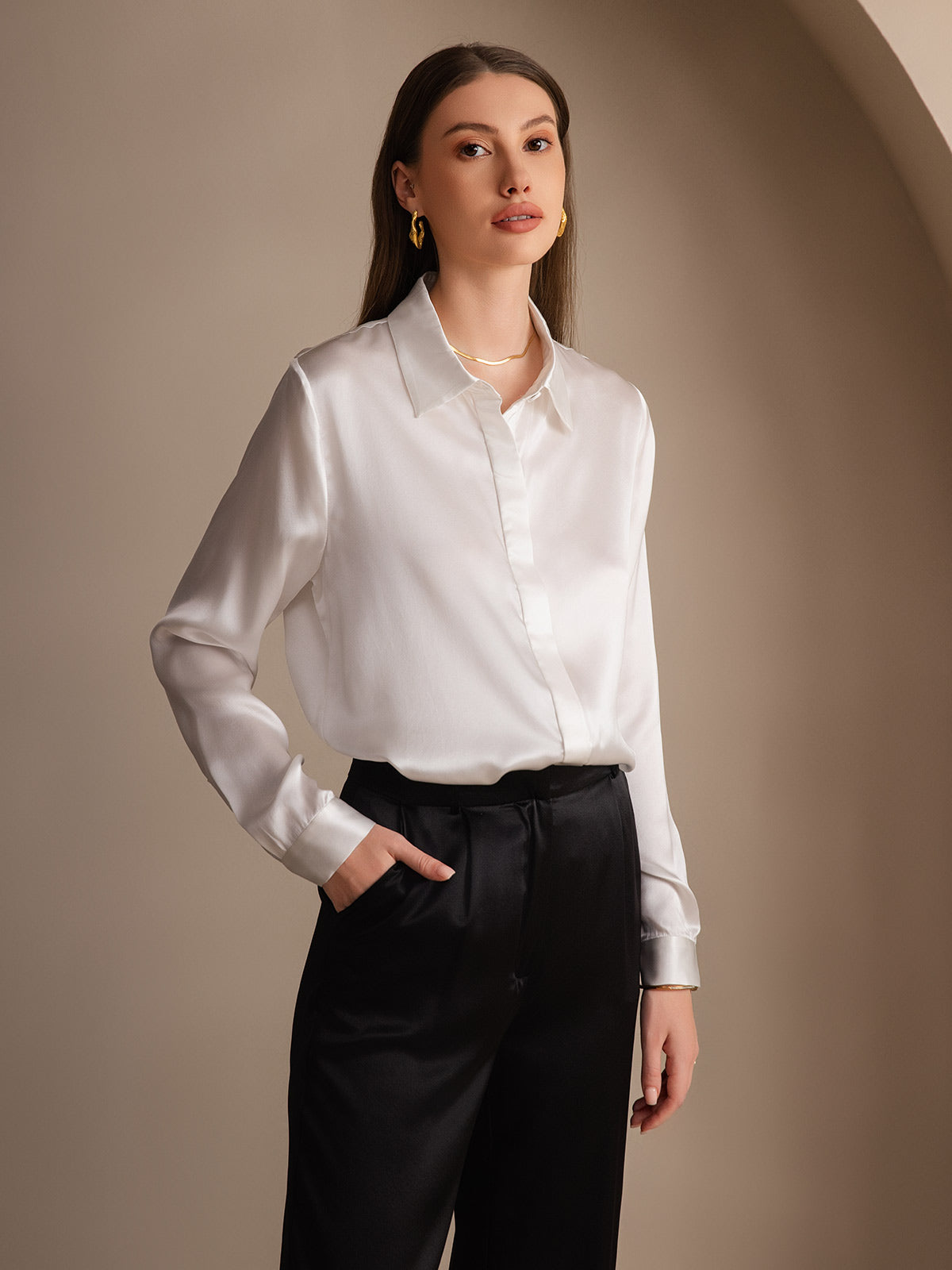 [White] SilkSilky-AU 19Momme Silk Lapel Collar Women's Shirt 003