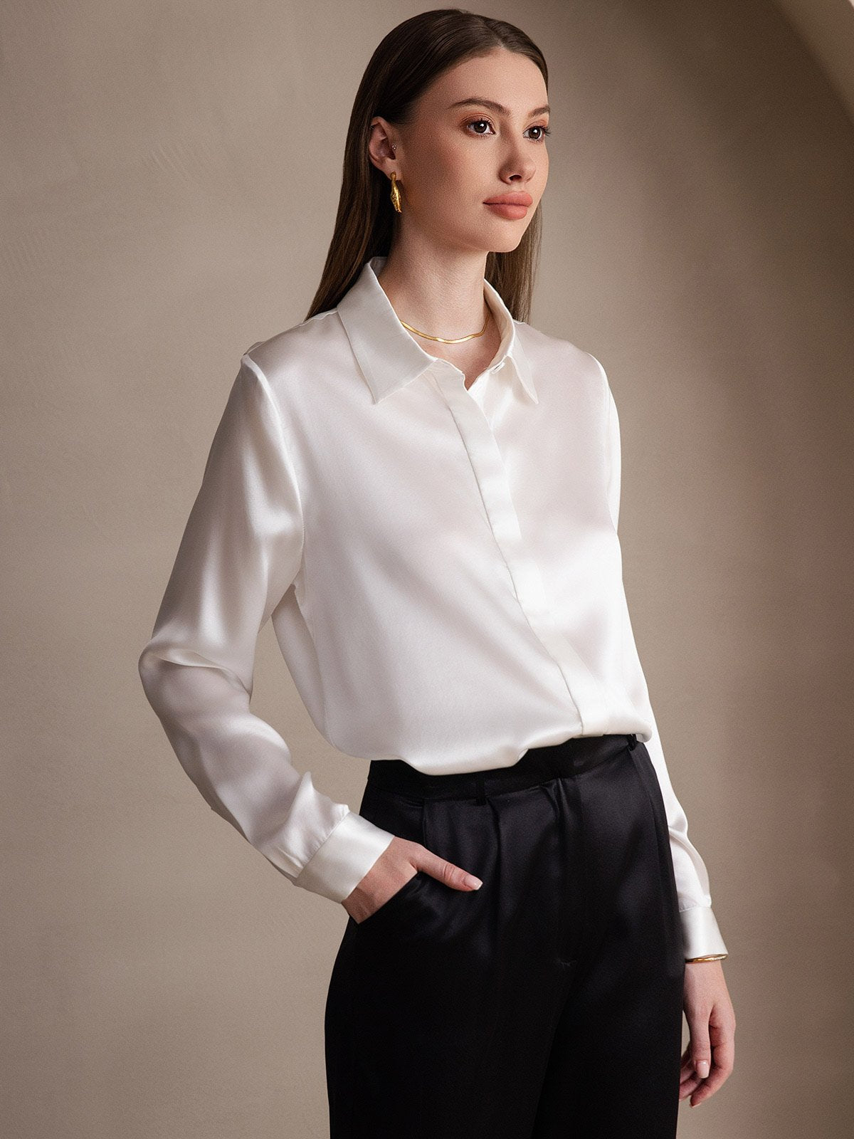 [White] SilkSilky-AU 19Momme Silk Lapel Collar Women's Shirt 004