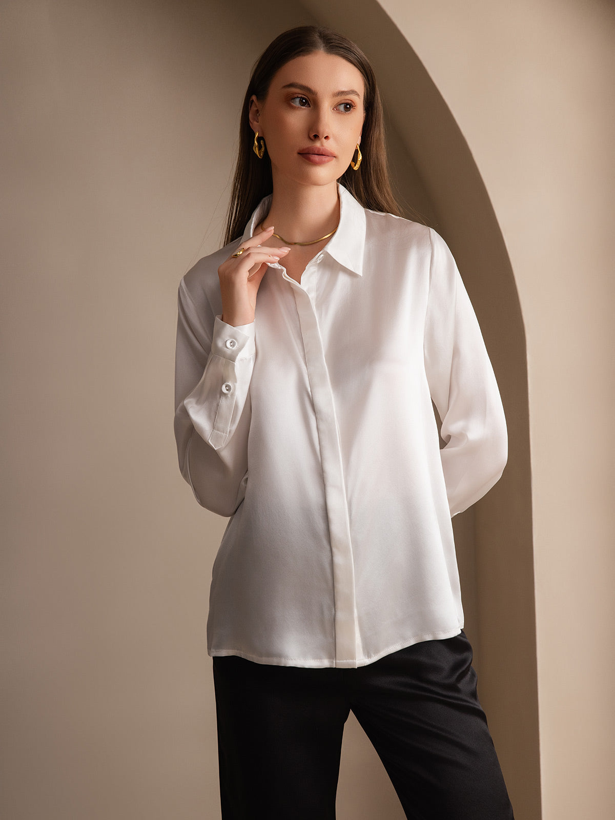 [White] SilkSilky-AU 19Momme Silk Lapel Collar Women's Shirt 004