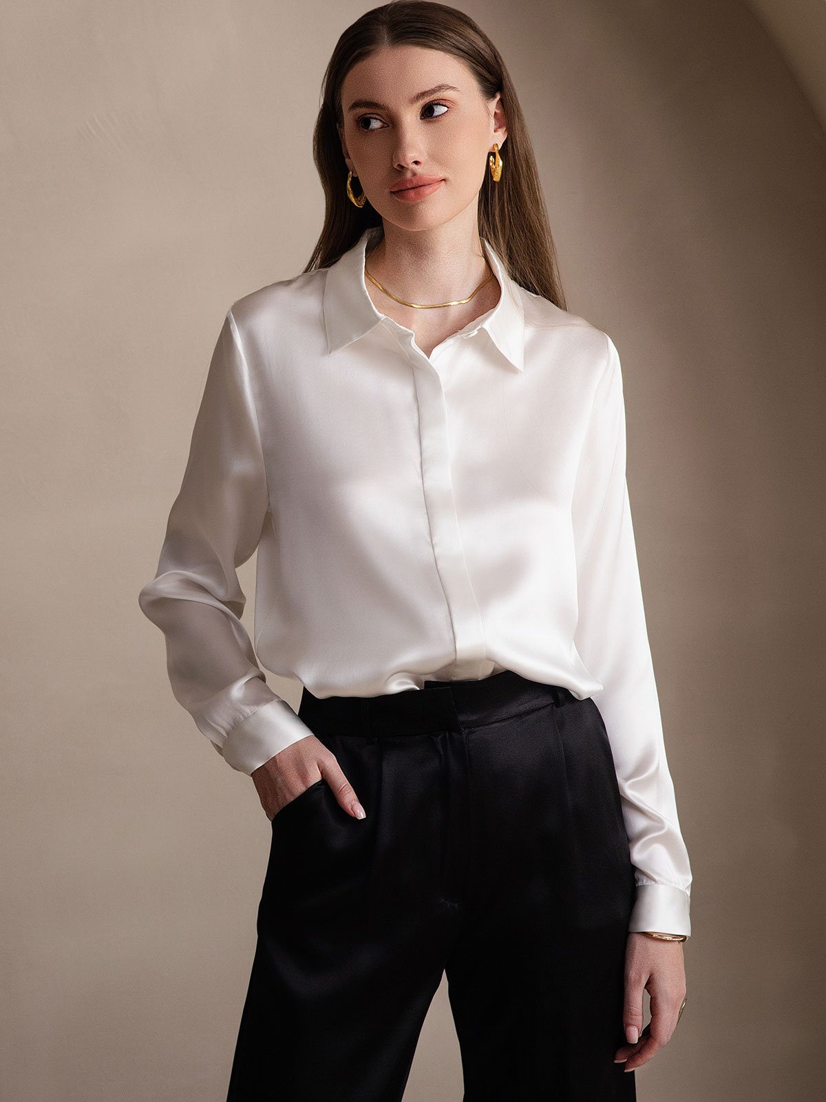 [White] SilkSilky-AU 19Momme Silk Lapel Collar Women's Shirt 005