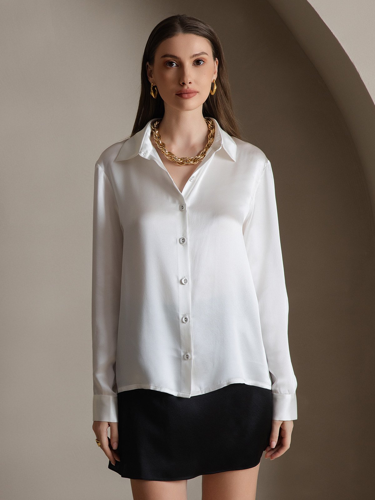 [White] SilkSilky-AU 19Momme Silk Lapel Collar Women's Shirt 006