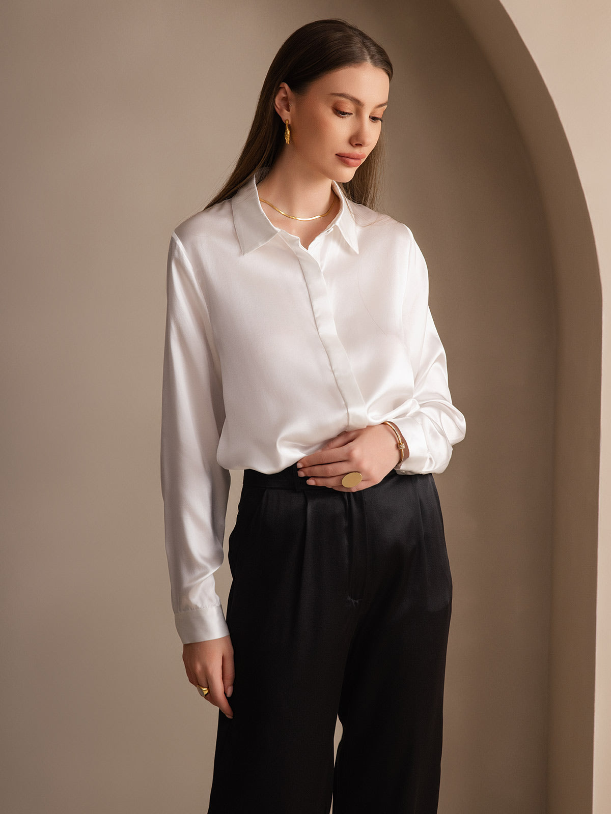 [White] SilkSilky-AU 19Momme Silk Lapel Collar Women's Shirt 006