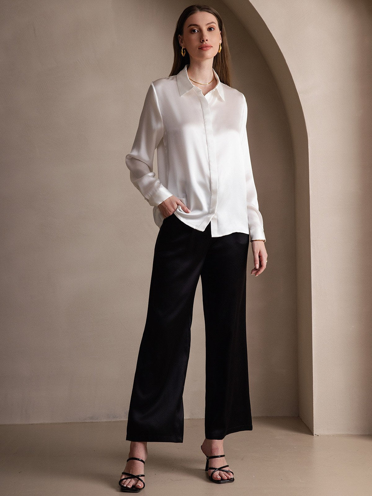 [White] SilkSilky-AU 19Momme Silk Lapel Collar Women's Shirt 007