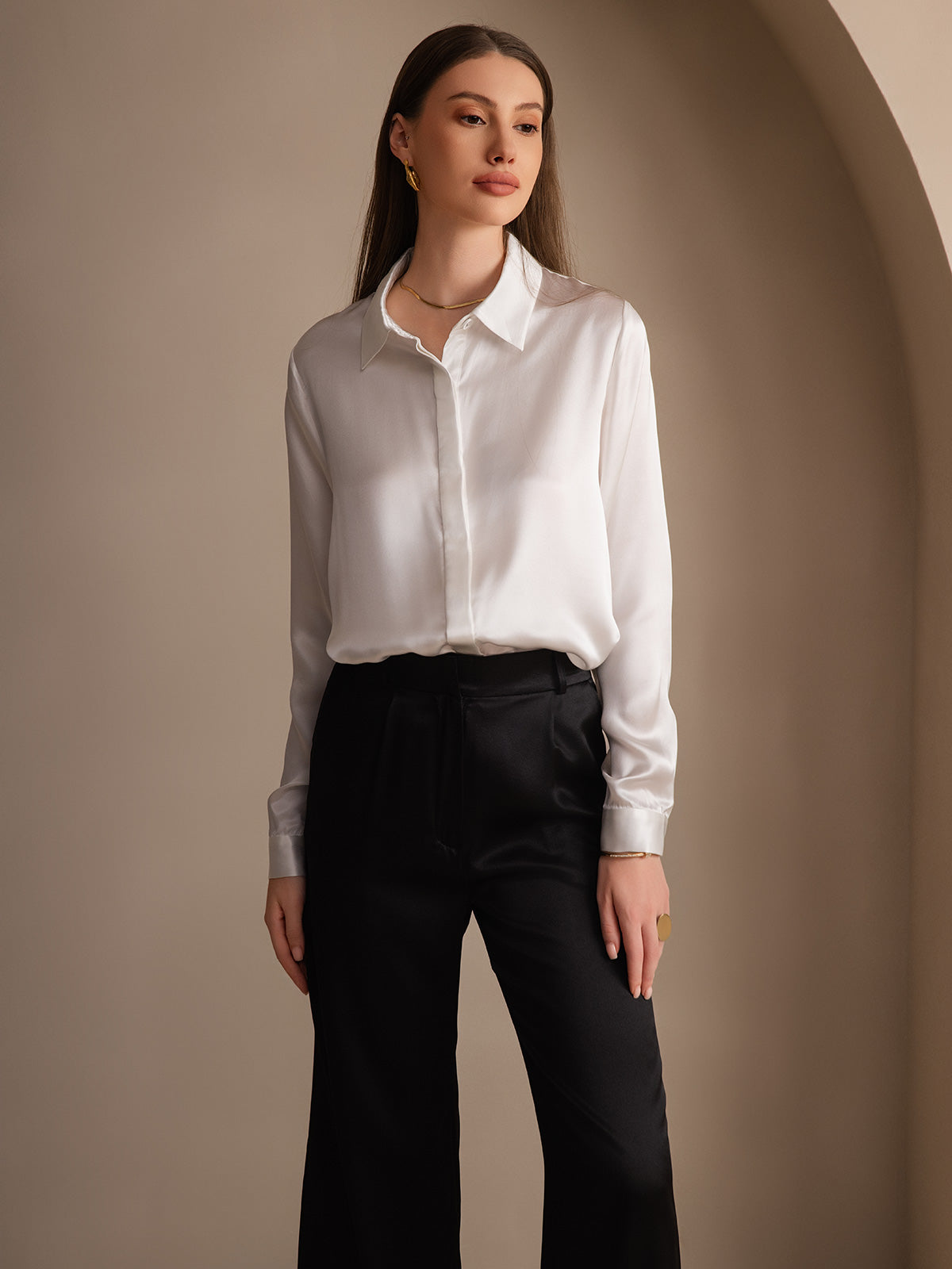 [White] SilkSilky-AU 19Momme Silk Lapel Collar Women's Shirt 007