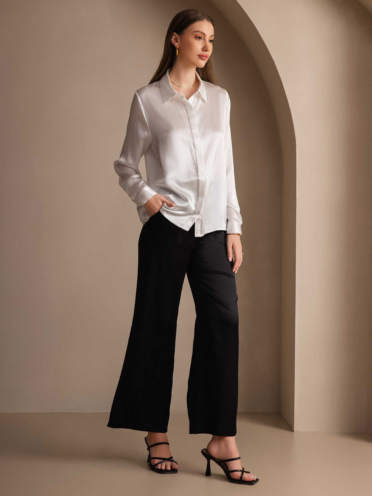 [White] SilkSilky-AU 19Momme Silk Lapel Collar Women's Shirt 008