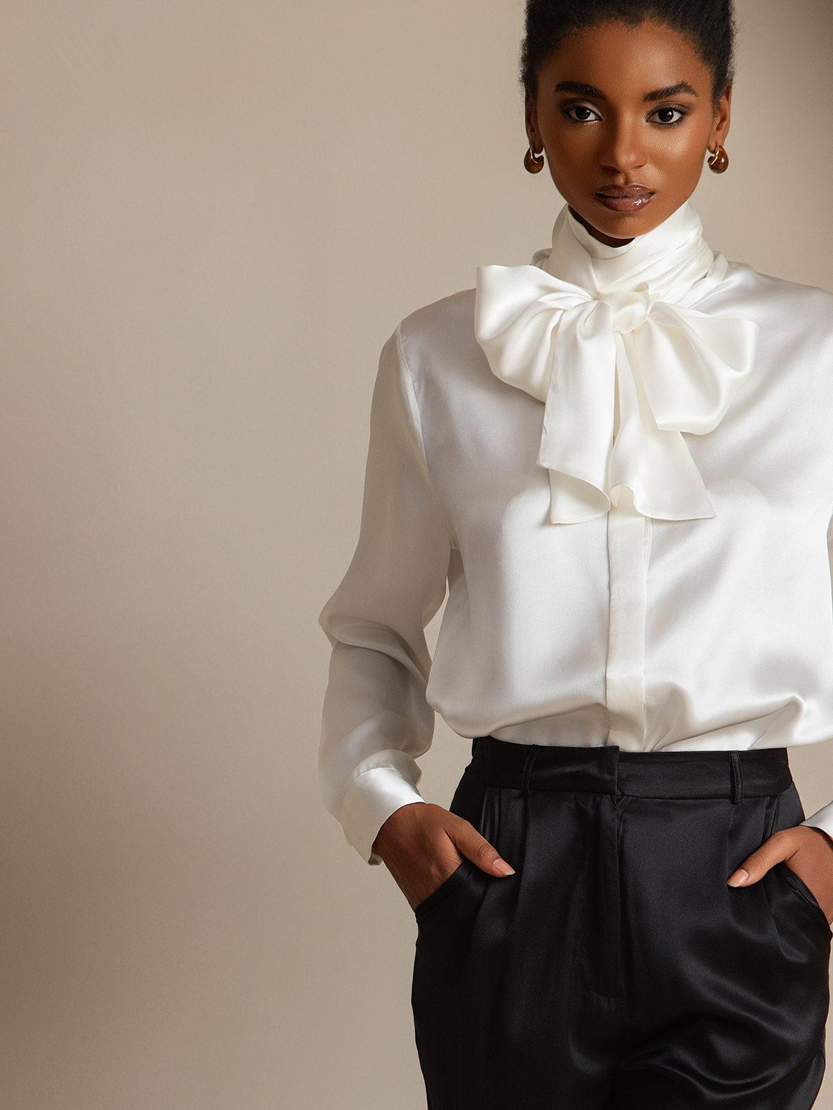 [White] SilkSilky-AU 19Momme Silk Long Sleeve Tie Neck Women's Shirt 001