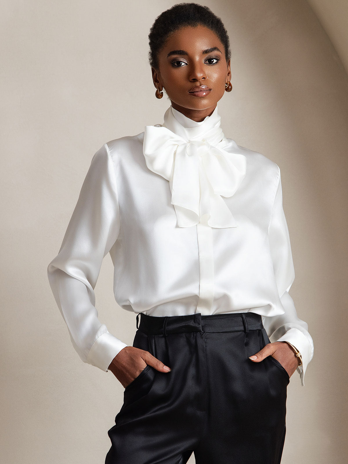 [White] SilkSilky-AU 19Momme Silk Long Sleeve Tie Neck Women's Shirt 001