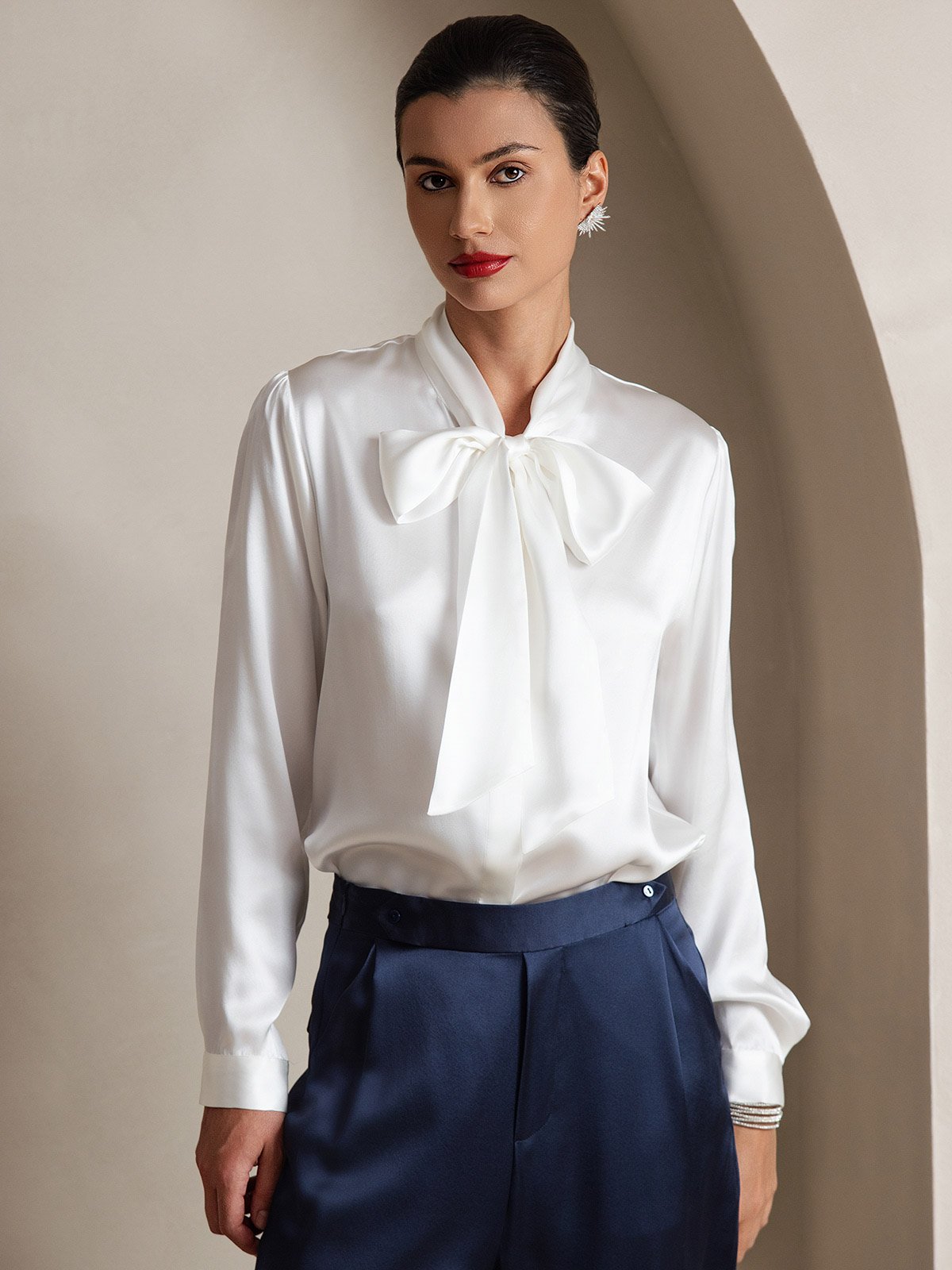 [White] SilkSilky-AU 19Momme Silk Long Sleeve Tie Neck Women's Shirt 001