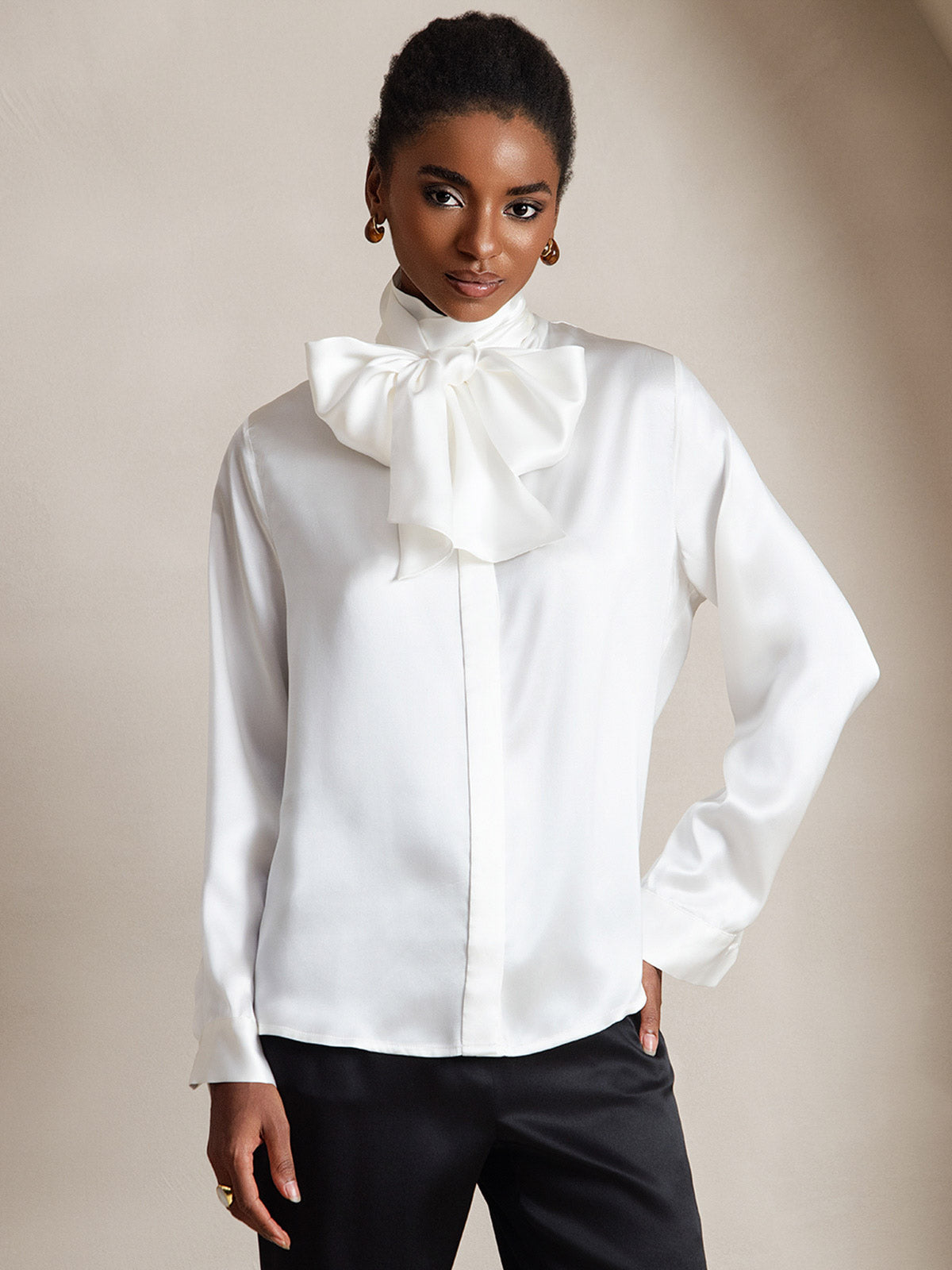[White] SilkSilky-AU 19Momme Silk Long Sleeve Tie Neck Women's Shirt 003