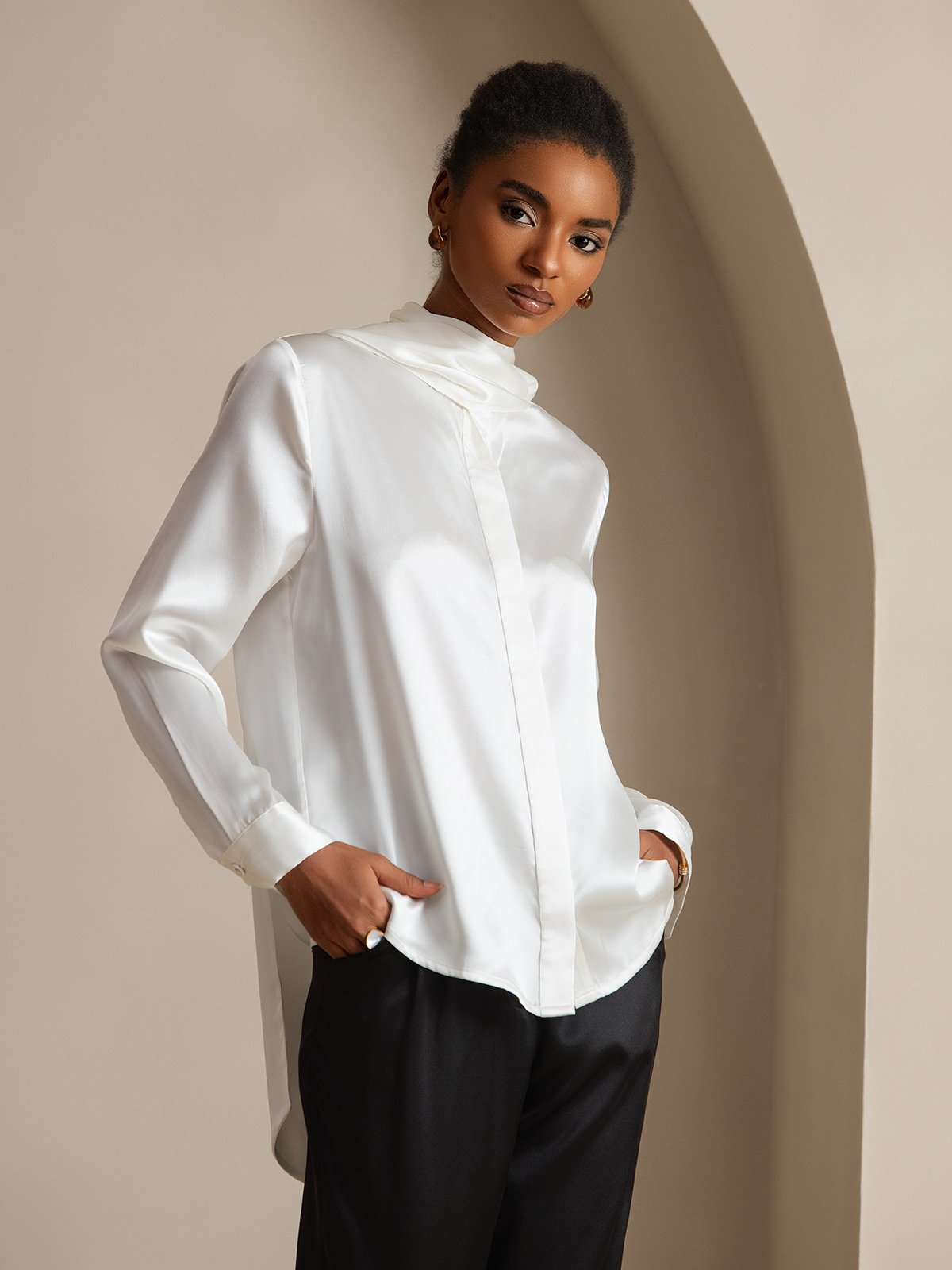 [White] SilkSilky-AU 19Momme Silk Long Sleeve Tie Neck Women's Shirt 004