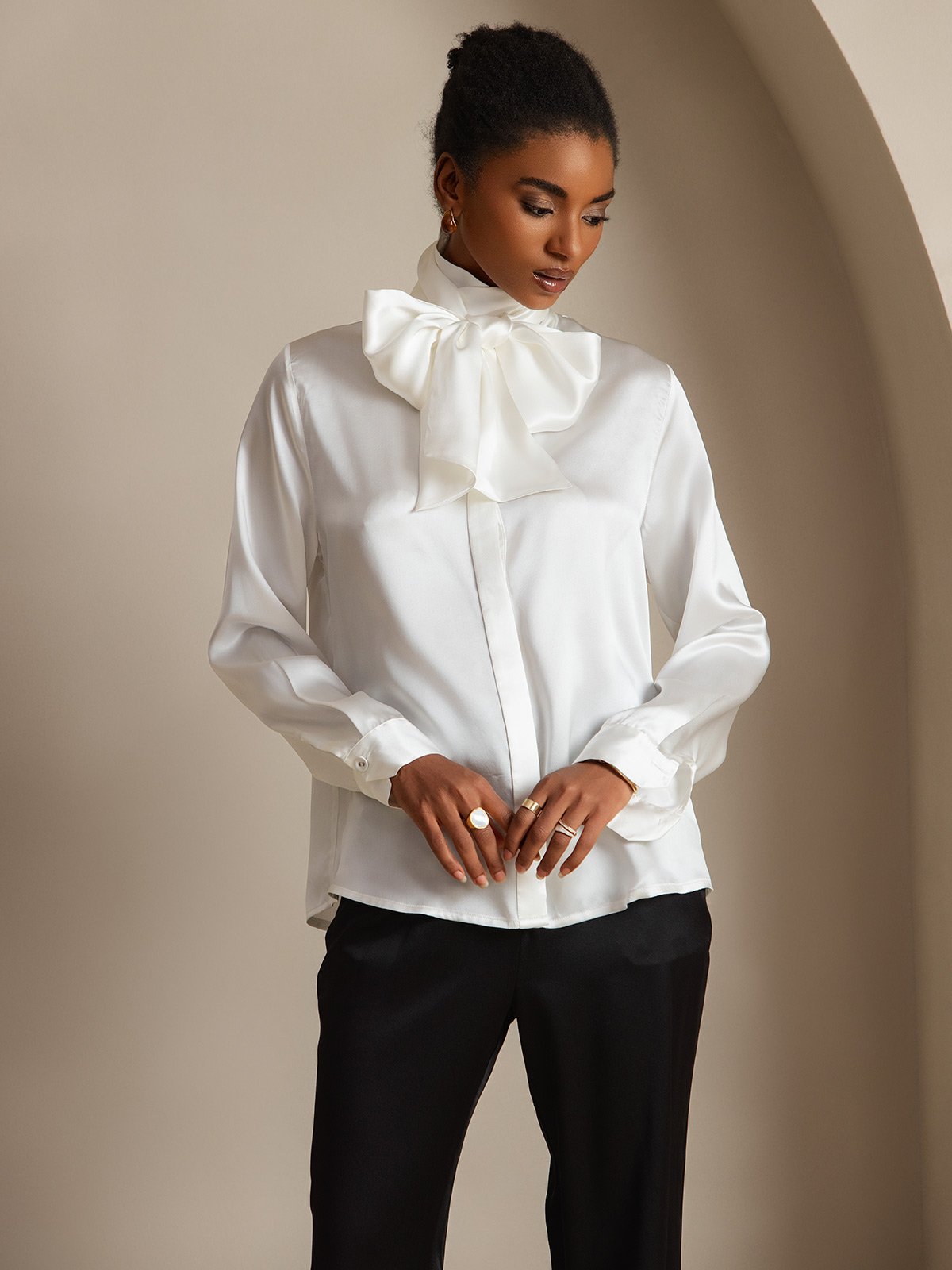 [White] SilkSilky-AU 19Momme Silk Long Sleeve Tie Neck Women's Shirt 005