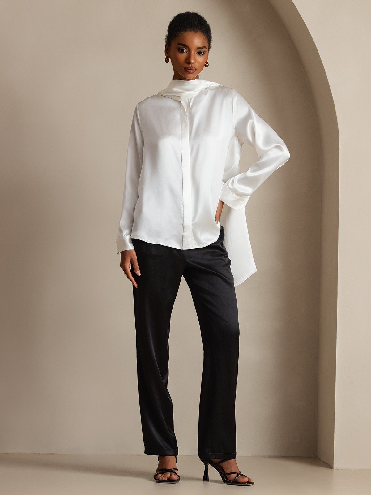 [White] SilkSilky-AU 19Momme Silk Long Sleeve Tie Neck Women's Shirt 006