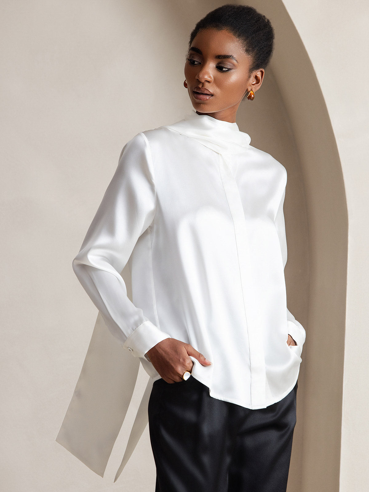 [White] SilkSilky-AU 19Momme Silk Long Sleeve Tie Neck Women's Shirt 006