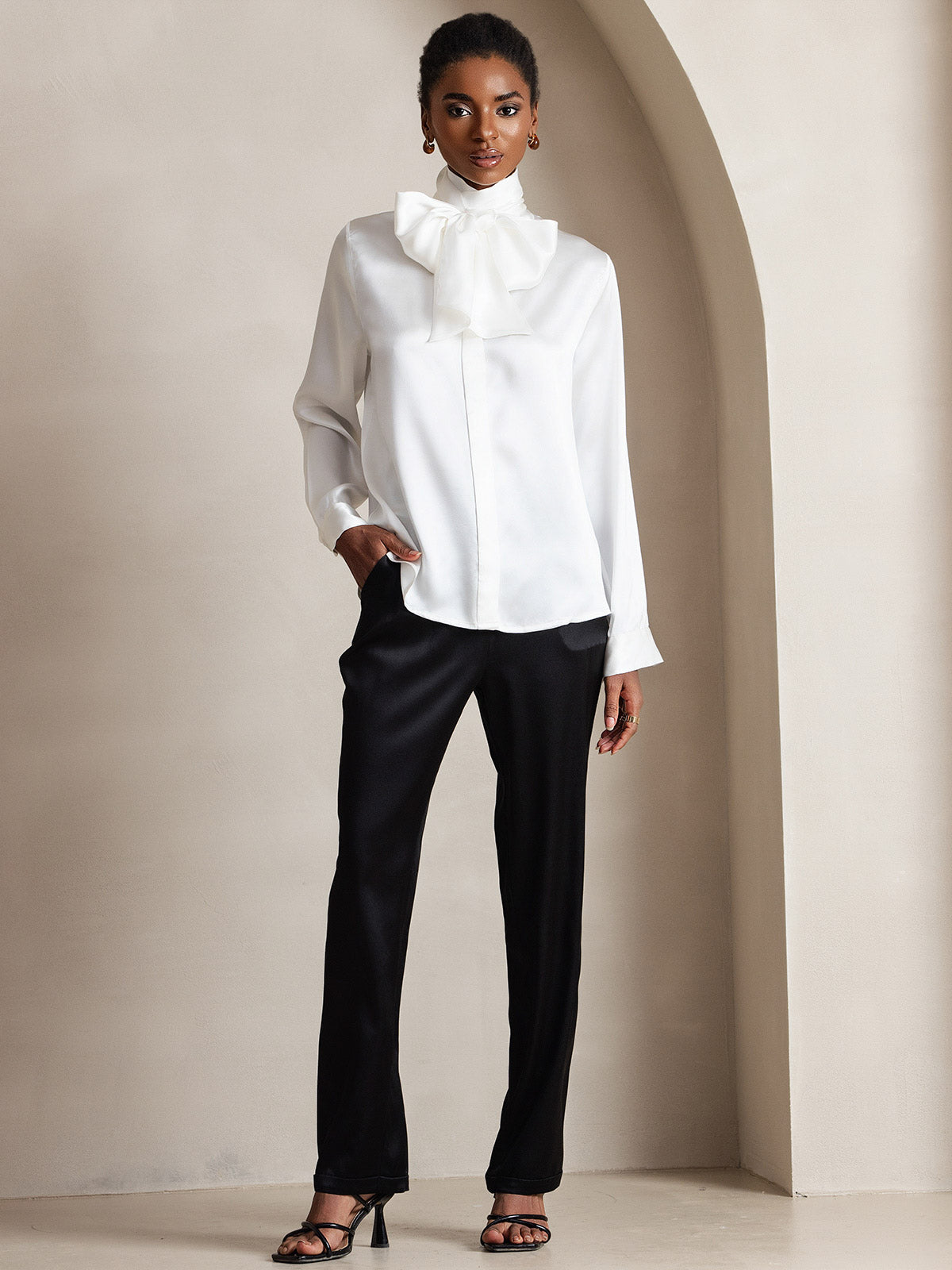 [White] SilkSilky-AU 19Momme Silk Long Sleeve Tie Neck Women's Shirt 007