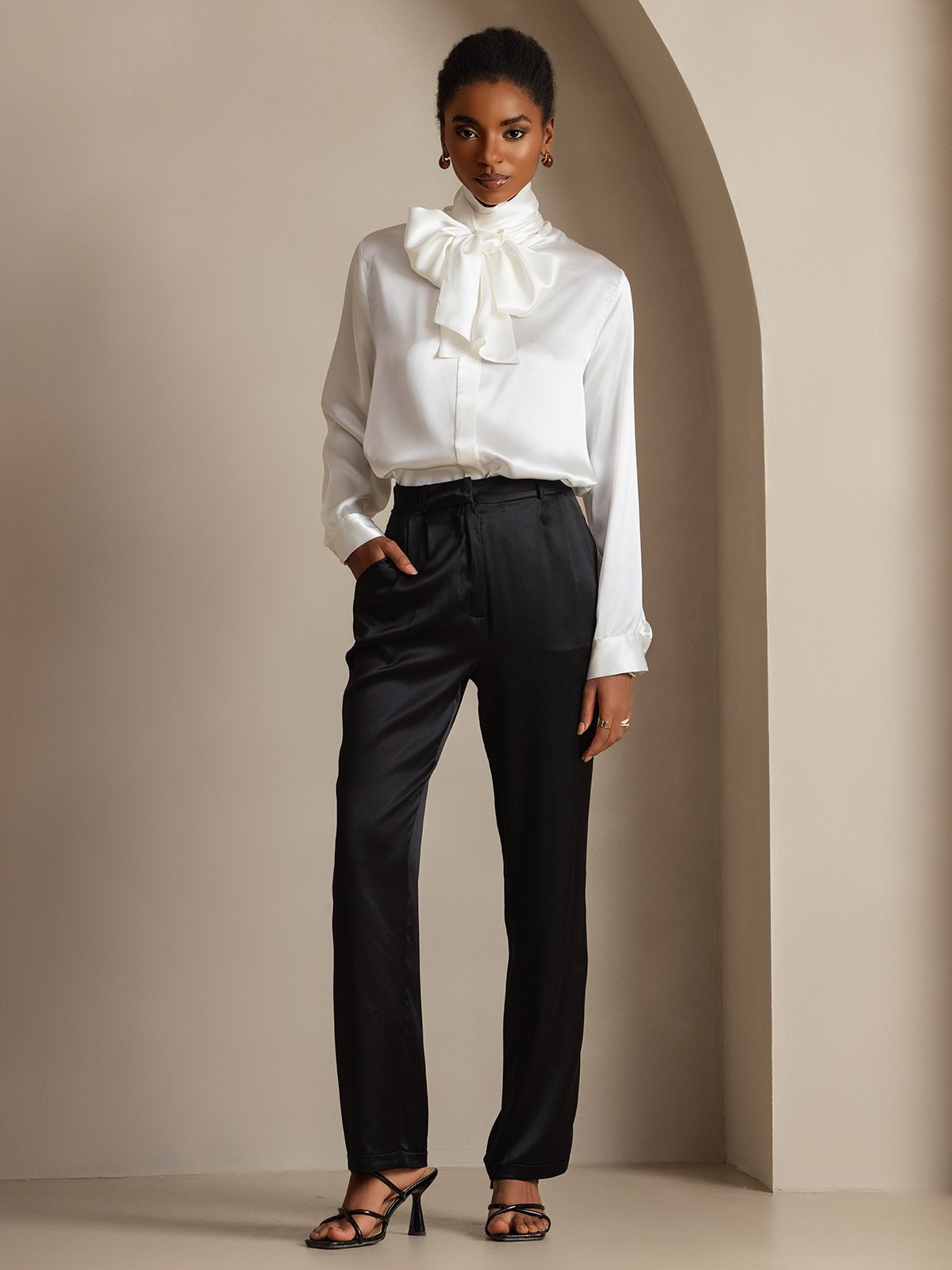 [White] SilkSilky-AU 19Momme Silk Long Sleeve Tie Neck Women's Shirt 008