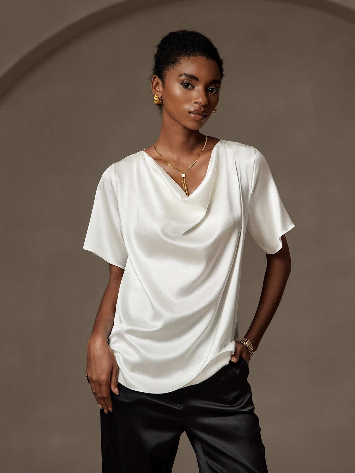 [White] SilkSilky-AU 19Momme Silk Short Sleeve Cowl Neck Women's T-Shirt 003