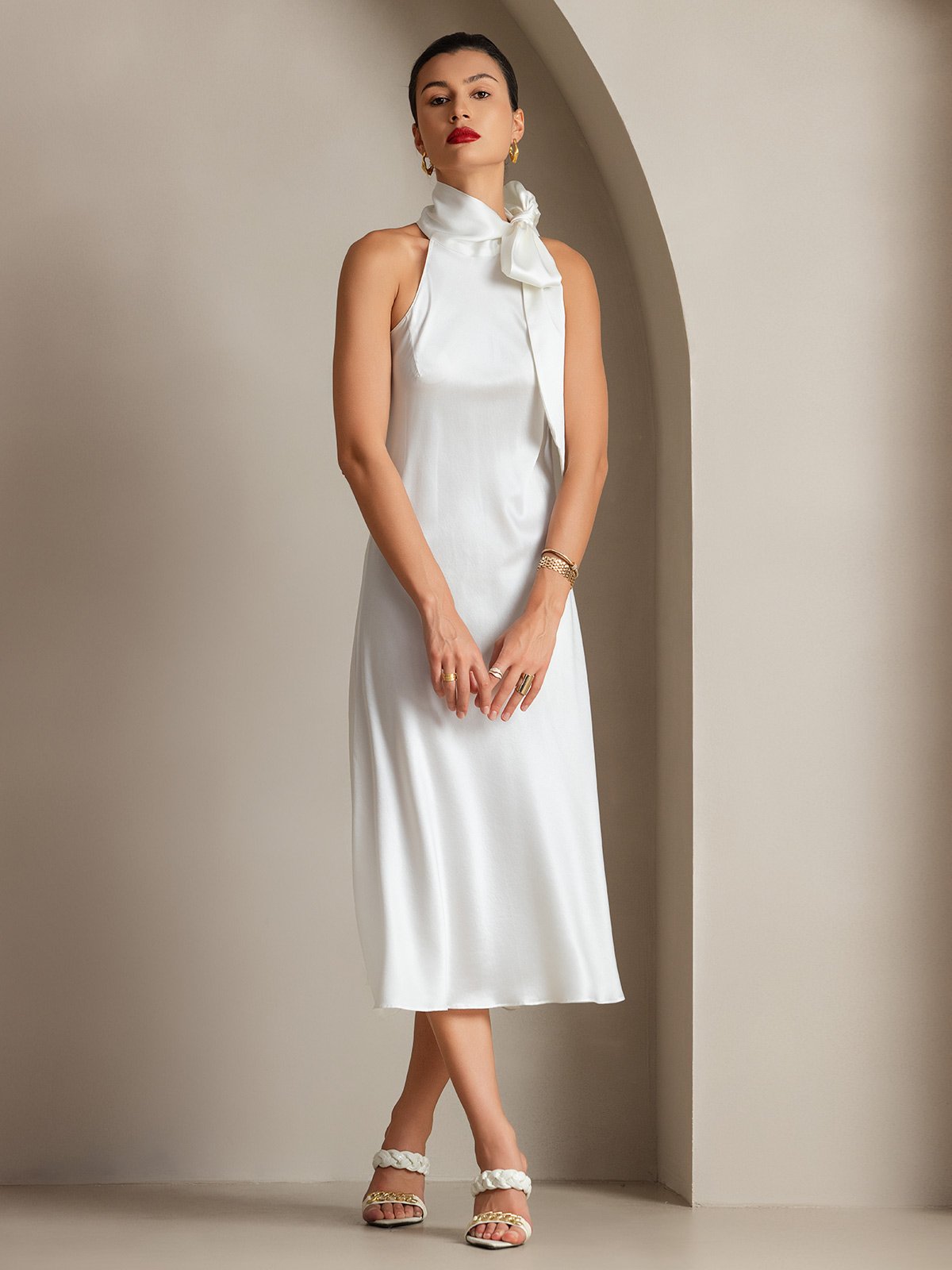 [White] SilkSilky-AU 19Momme Silk Sleeveless Tie Neck Dress 001
