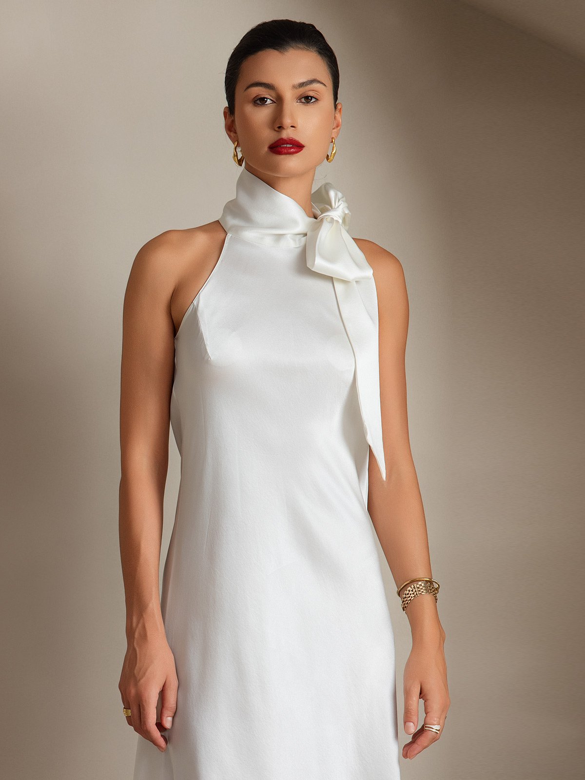 [White] SilkSilky-AU 19Momme Silk Sleeveless Tie Neck Dress 003