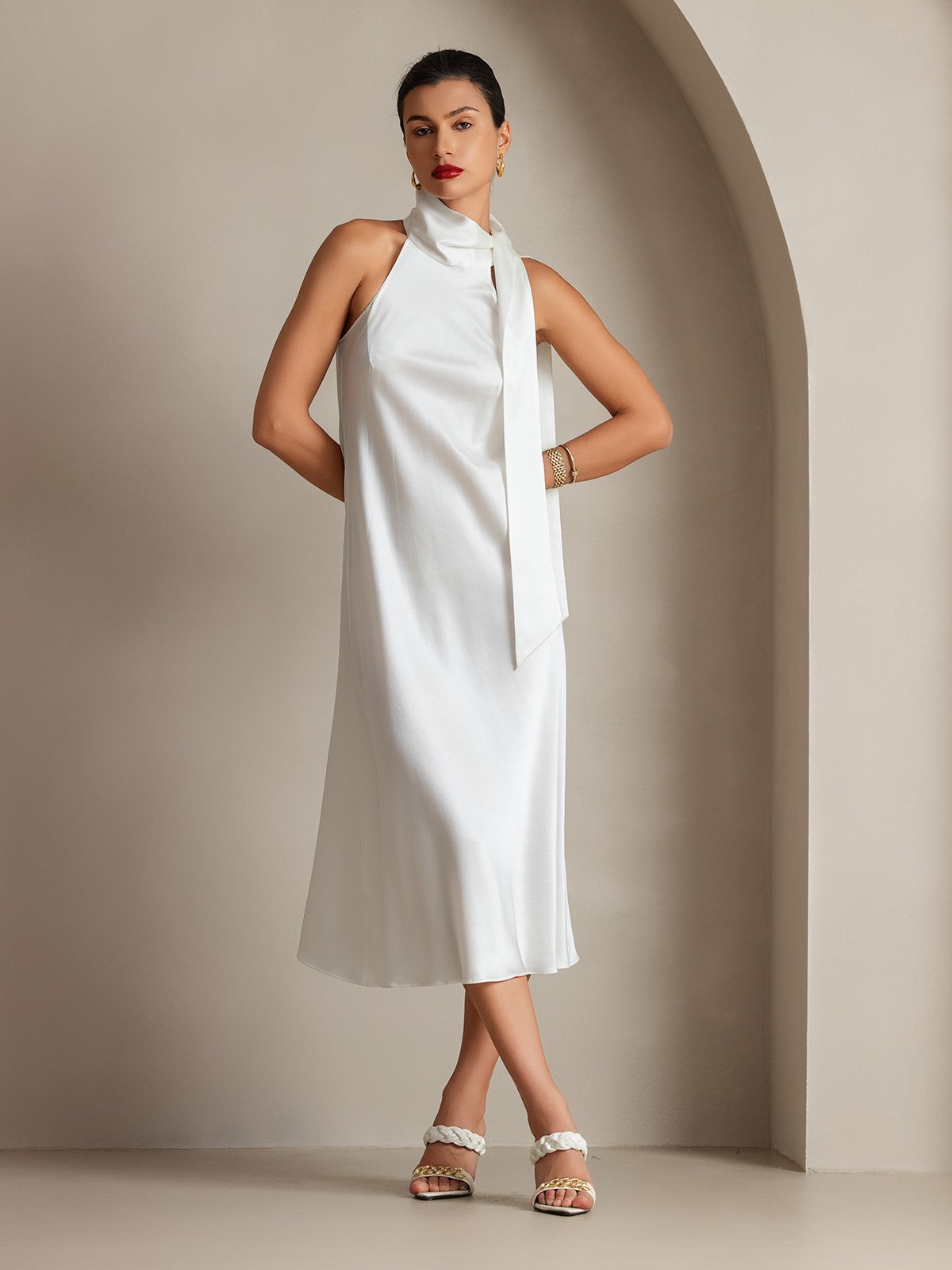 [White] SilkSilky-AU 19Momme Silk Sleeveless Tie Neck Dress 004