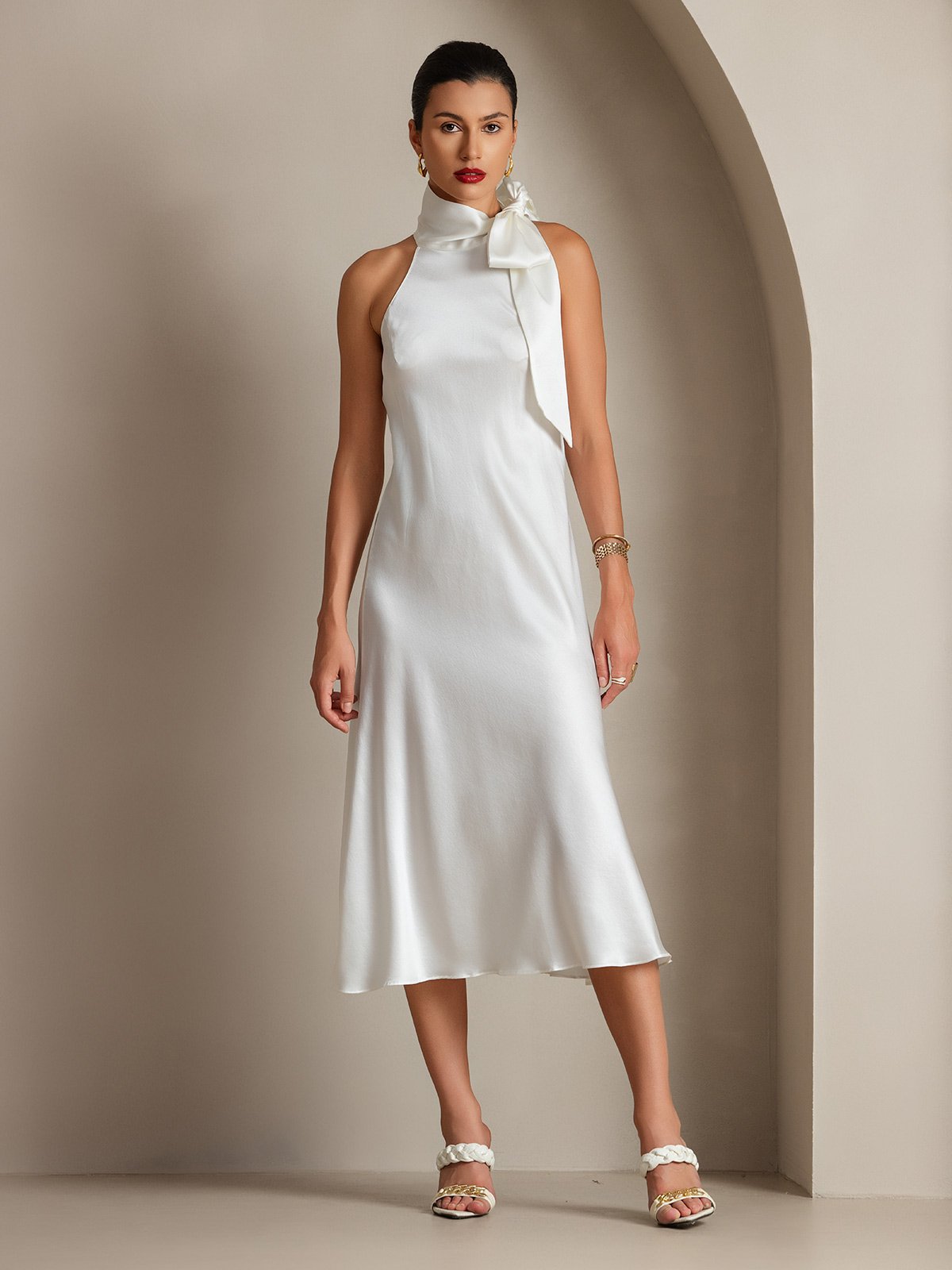 [White] SilkSilky-AU 19Momme Silk Sleeveless Tie Neck Dress 006