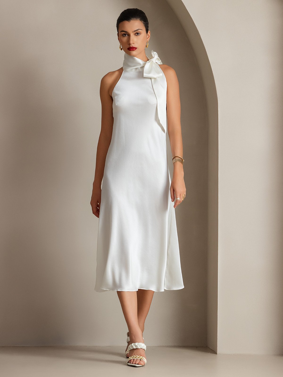 [White] SilkSilky-AU 19Momme Silk Sleeveless Tie Neck Dress 007