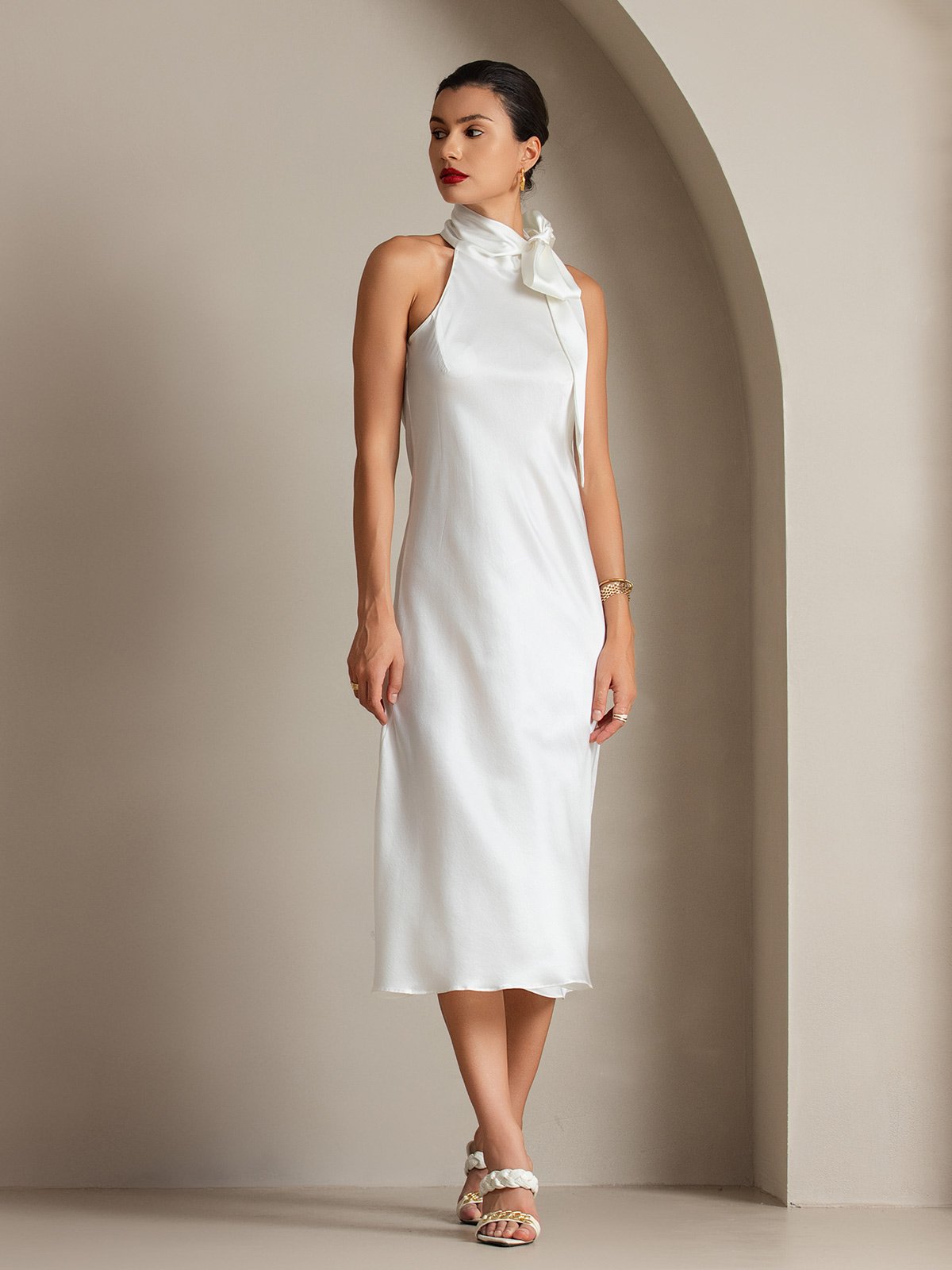 [White] SilkSilky-AU 19Momme Silk Sleeveless Tie Neck Dress 008