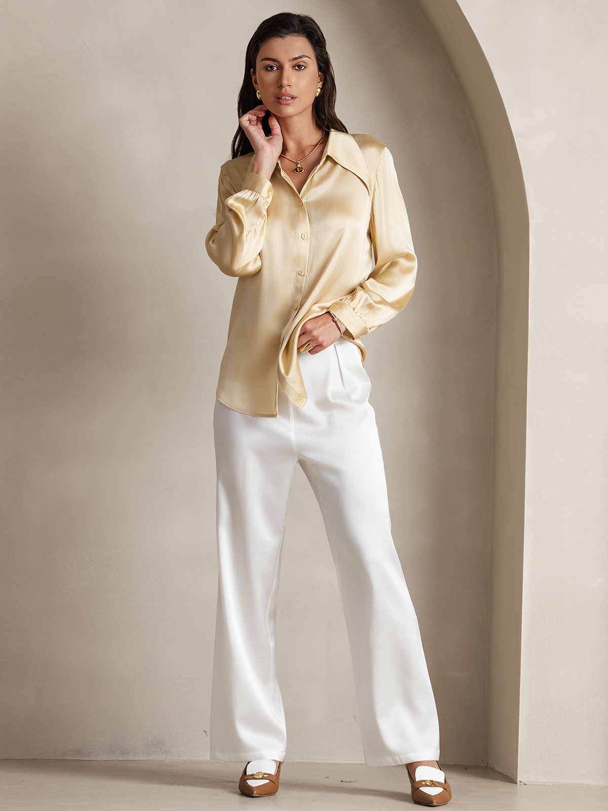 [White] SilkSilky-AU 19Momme Silk Womens Pants 007