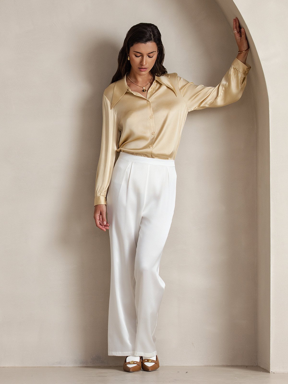 [White] SilkSilky-AU 19Momme Silk Womens Pants 008