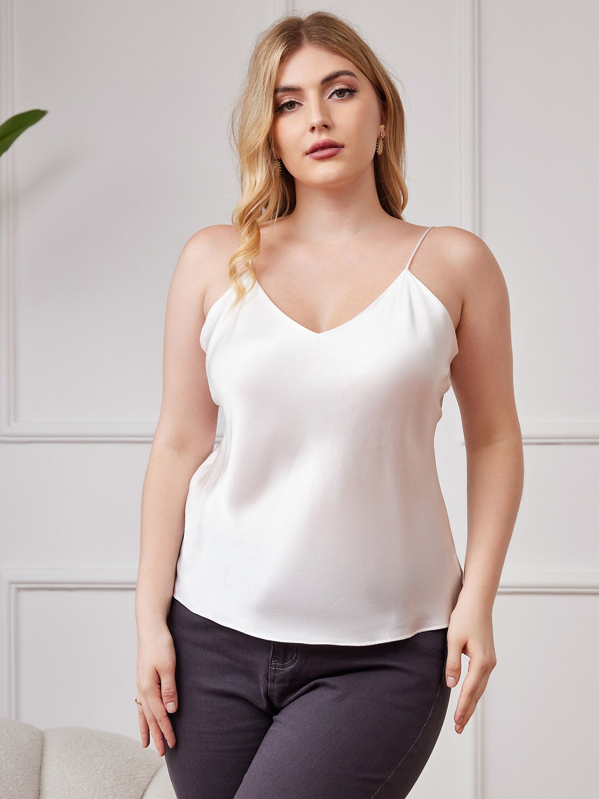[White] SilkSilky-AU Pure Silk Deep V Neck Plus Size Camisole Top 001