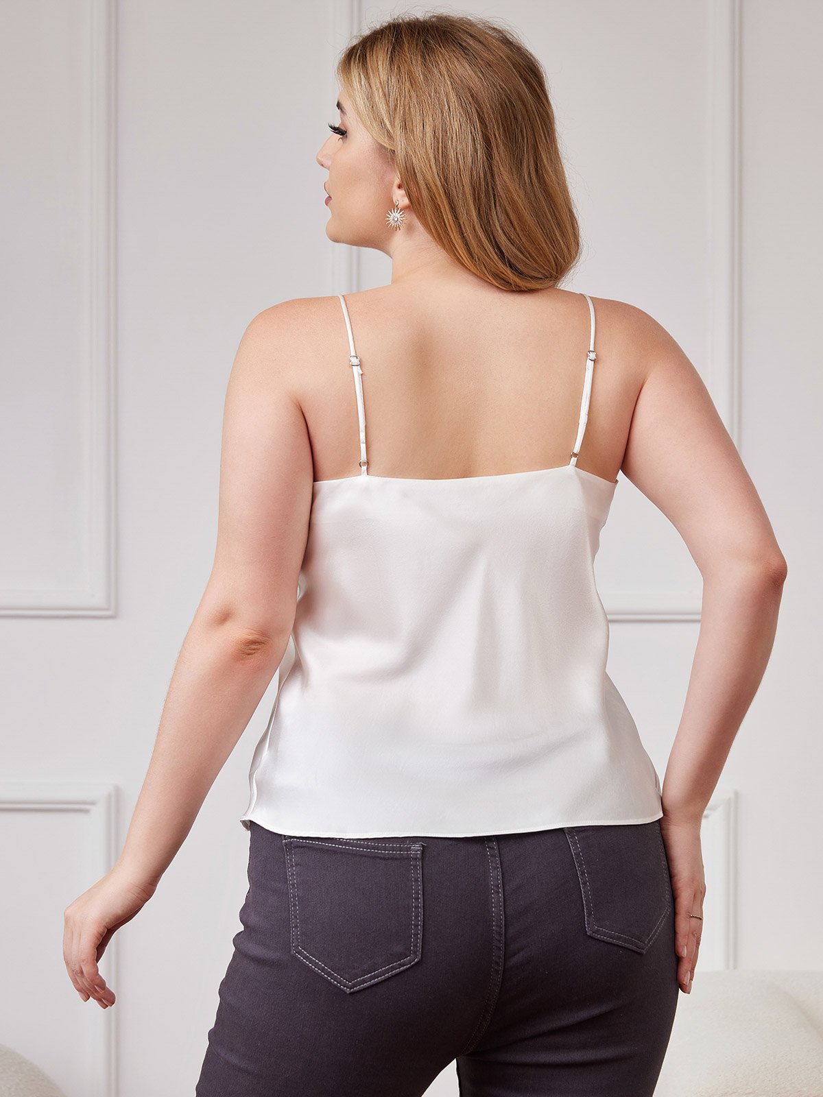 [White] SilkSilky-AU Pure Silk Deep V Neck Plus Size Camisole Top 002