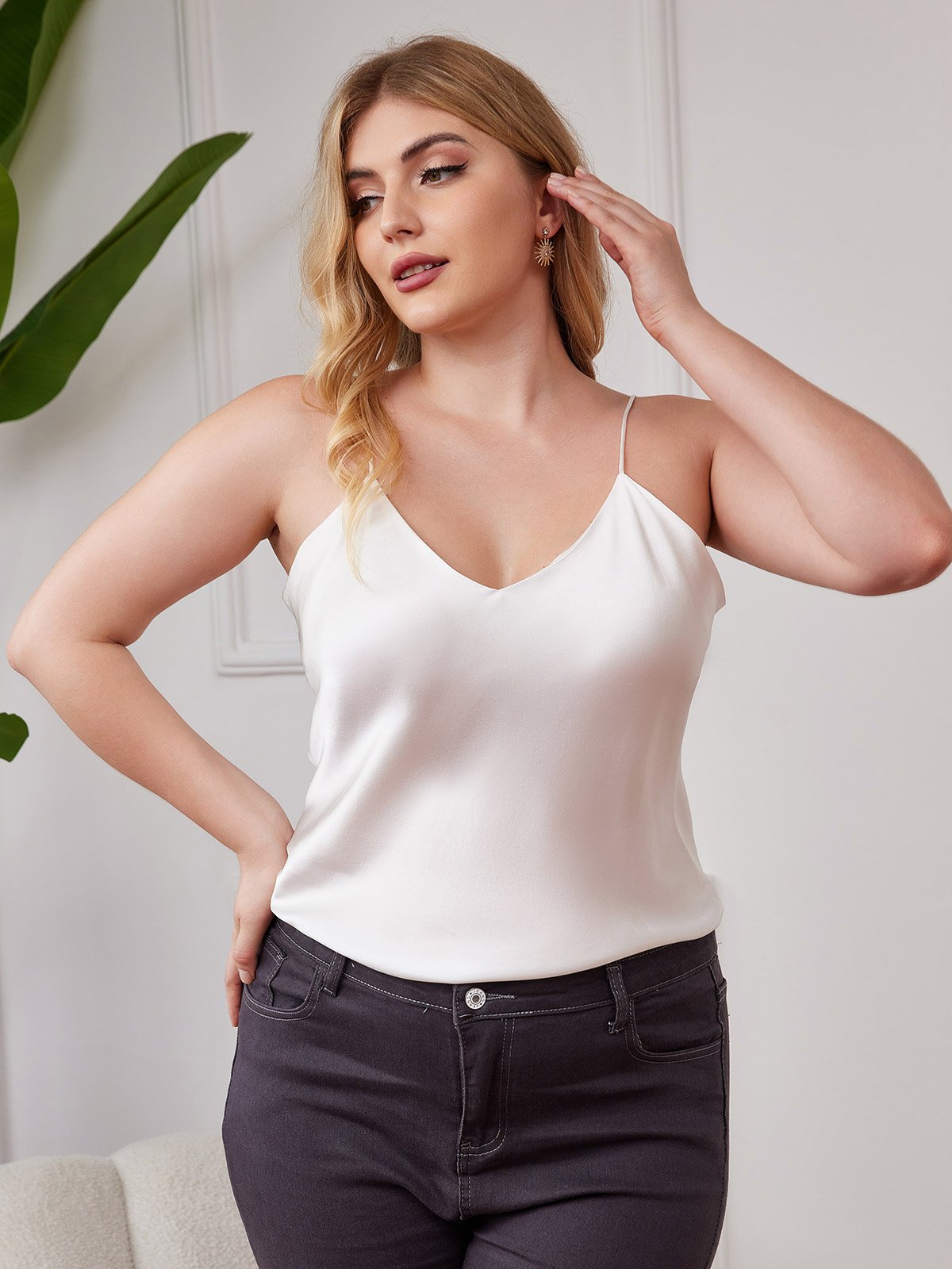 [White] SilkSilky-AU Pure Silk Deep V Neck Plus Size Camisole Top 003