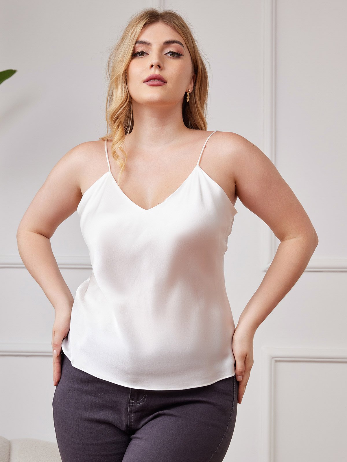 [White] SilkSilky-AU Pure Silk Deep V Neck Plus Size Camisole Top 004
