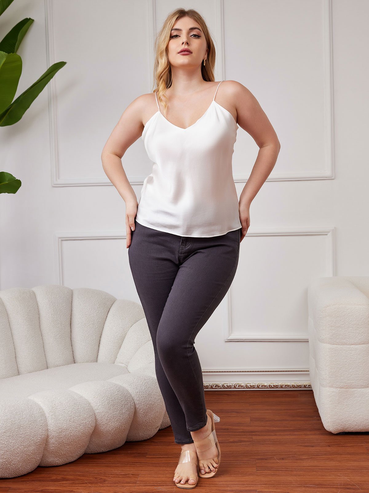 [White] SilkSilky-AU Pure Silk Deep V Neck Plus Size Camisole Top 005