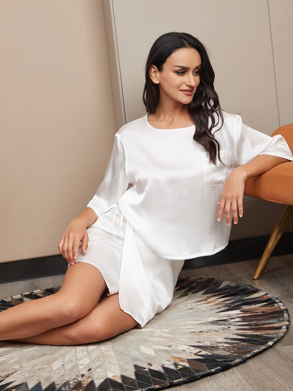 [White] SilkSilky-AU Pure Silk Half Sleeve Womens Pajamas 004