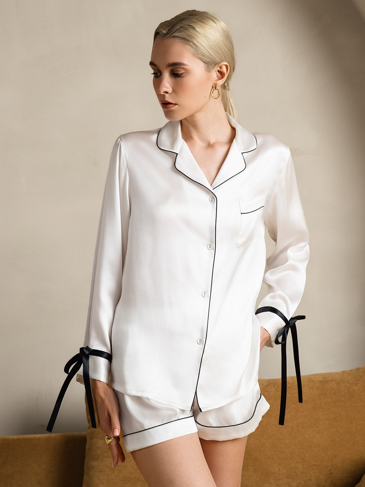 [White] SilkSilky-AU Pure Silk Long Sleeve Lapel Women's Pyjamas 001