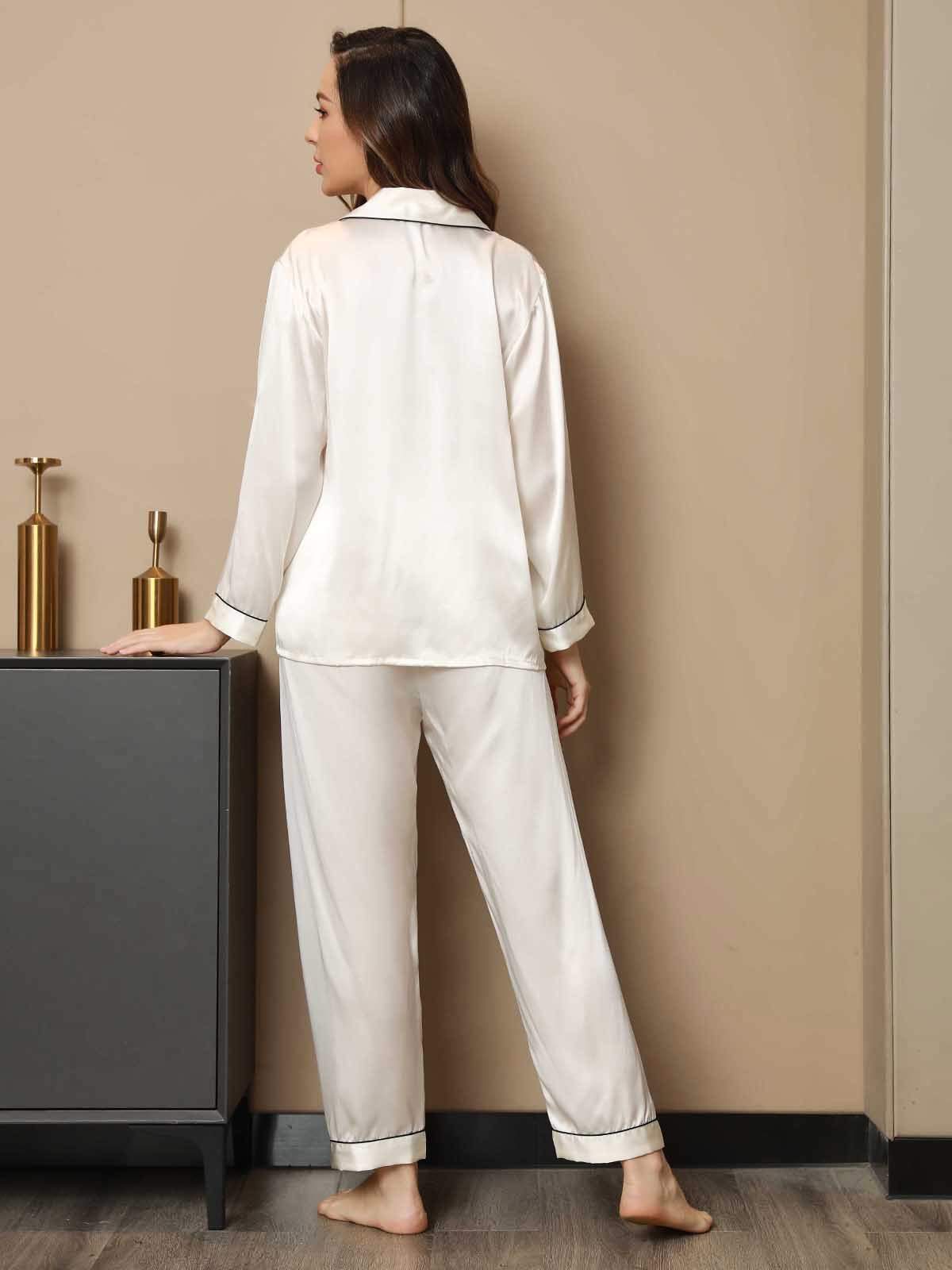 [White] SilkSilky-AU Pure Silk Long Sleeve Lapel Women's Pyjamas 002