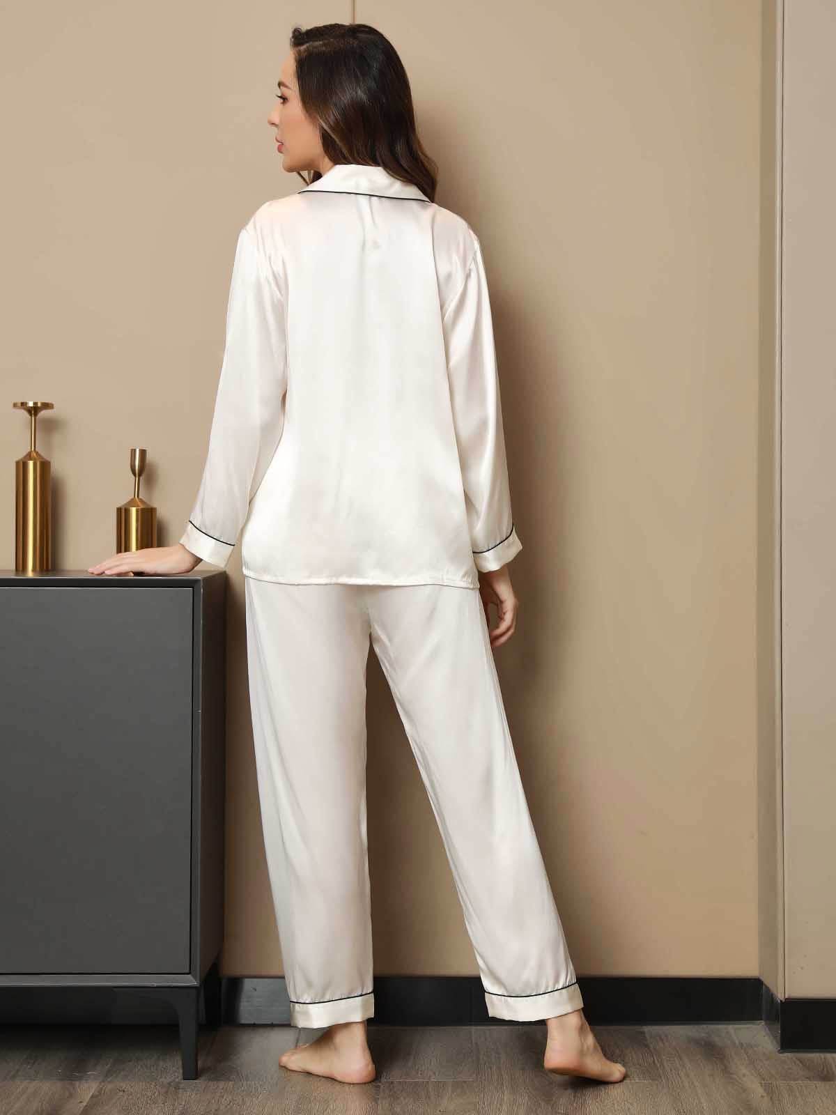 [White] SilkSilky-AU Pure Silk Long Sleeve Lapel Women's Pyjamas 002