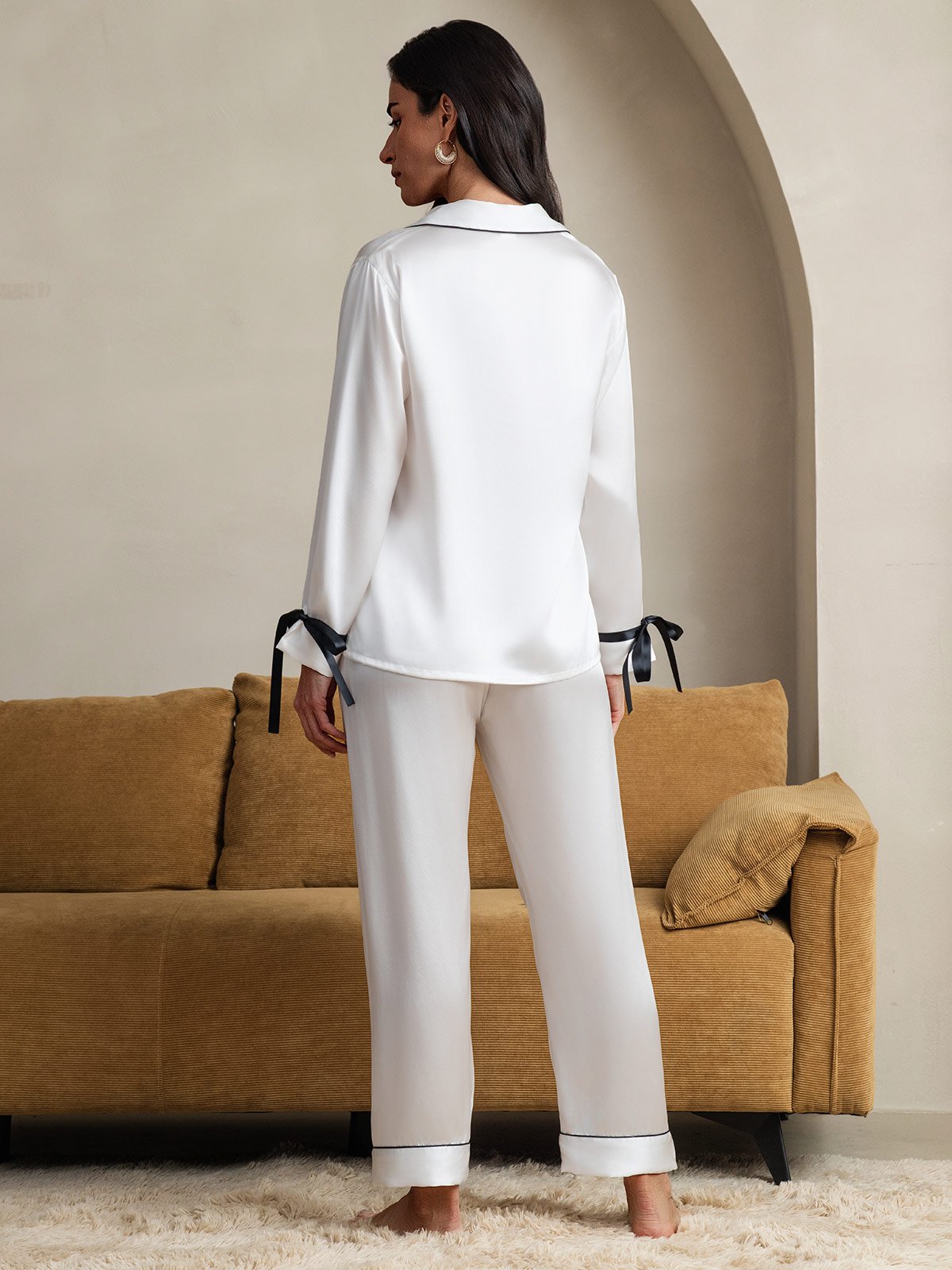 [White] SilkSilky-AU Pure Silk Long Sleeve Lapel Women's Pyjamas 002