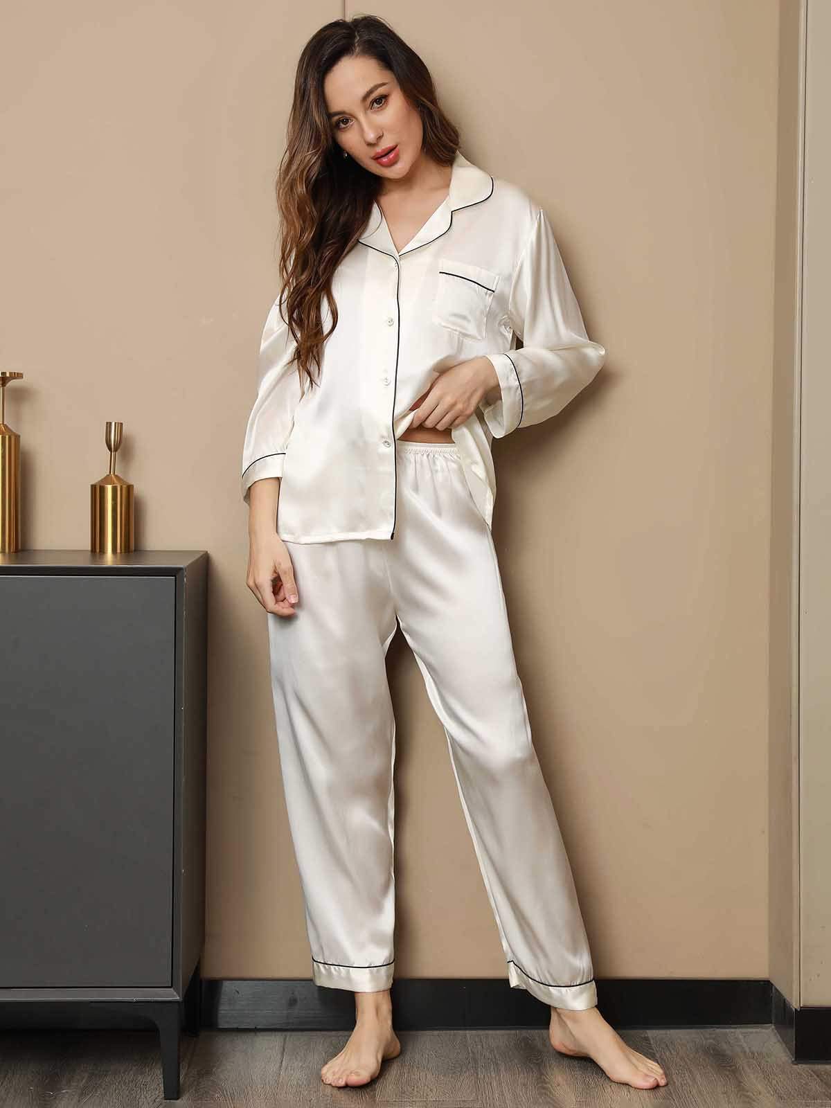 [White] SilkSilky-AU Pure Silk Long Sleeve Lapel Women's Pyjamas 003