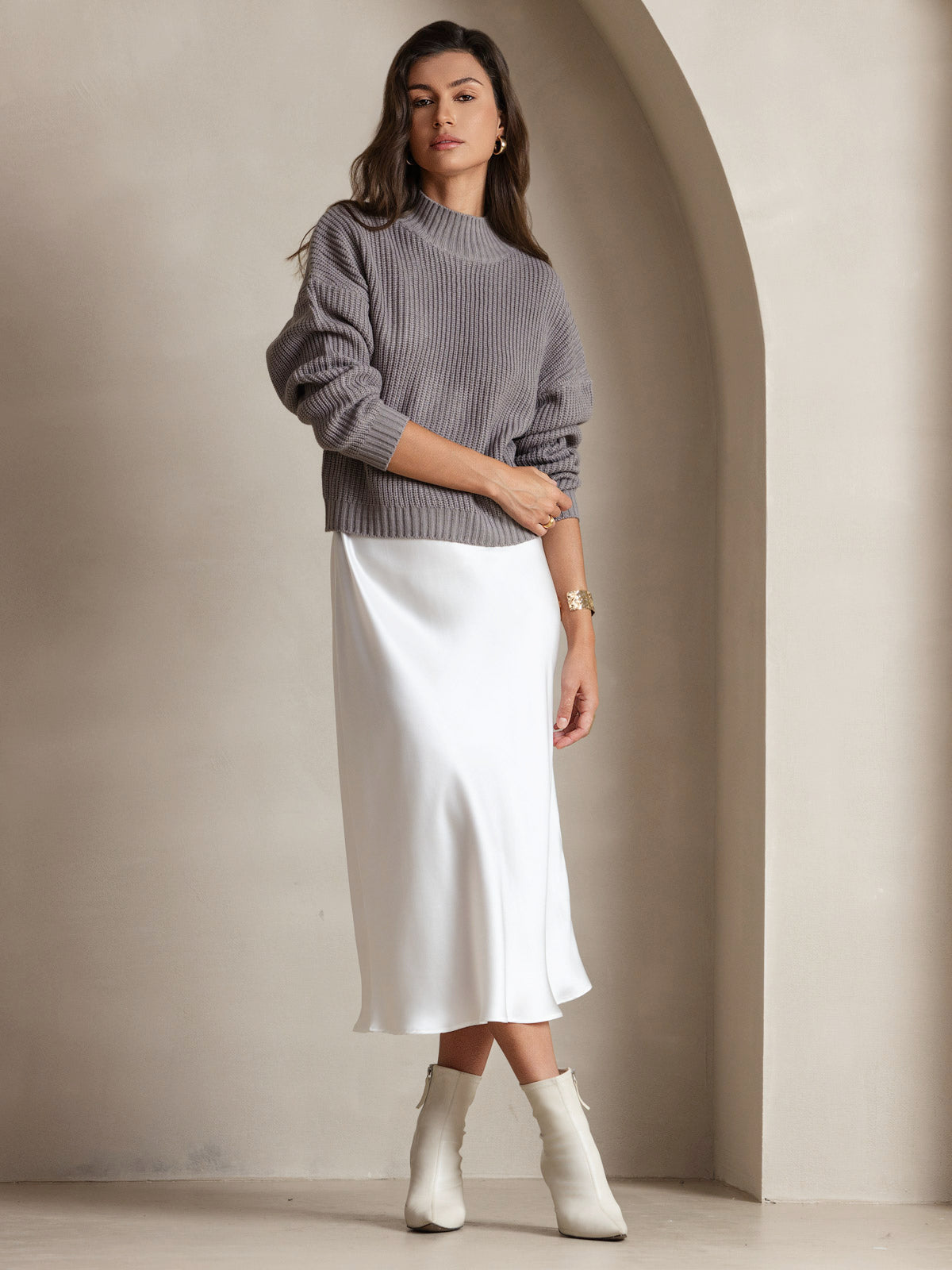 [White] SilkSilky-AU Pure Silk Round Neck Dress 001