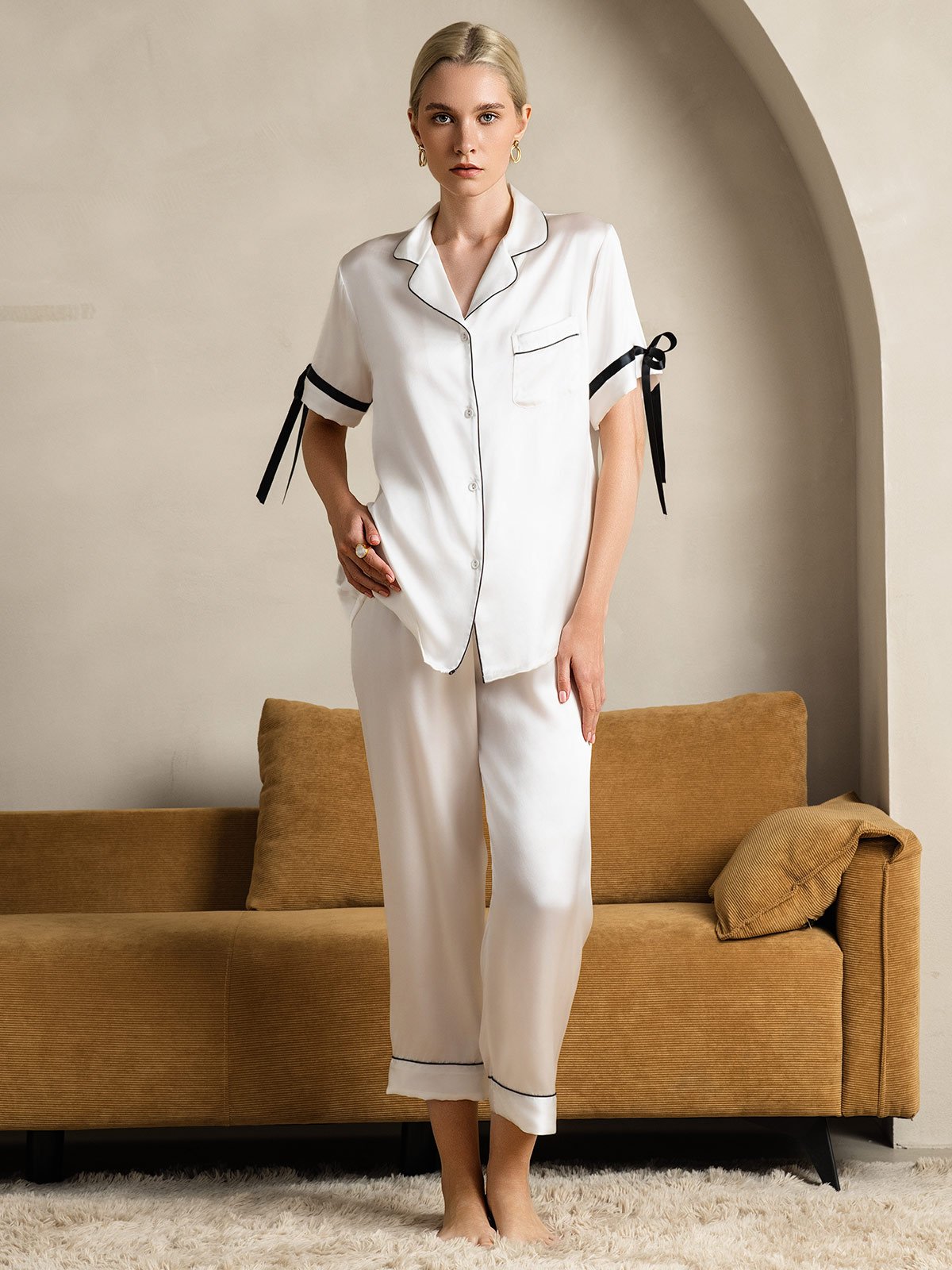 [White] SilkSilky-AU Pure Silk Short Sleeve Lapel Women's Pyjamas 003