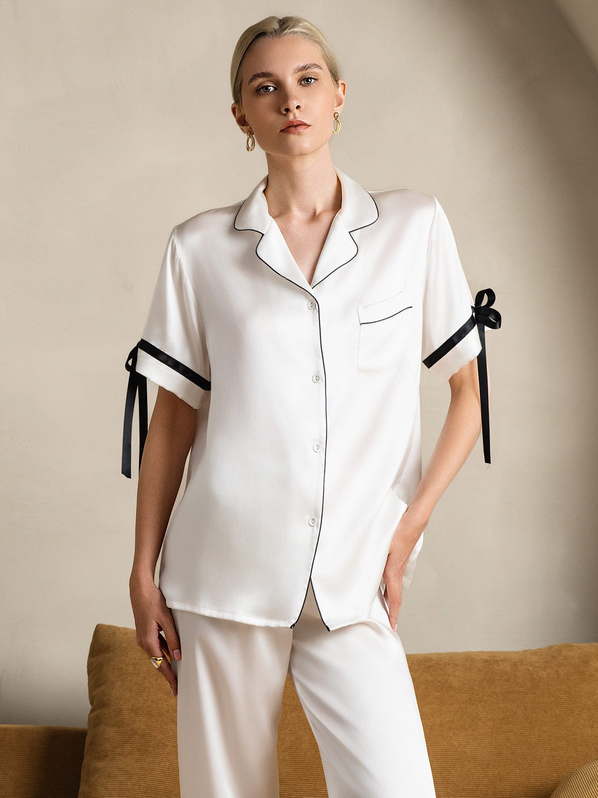 [White] SilkSilky-AU Pure Silk Short Sleeve Lapel Women's Pyjamas 006