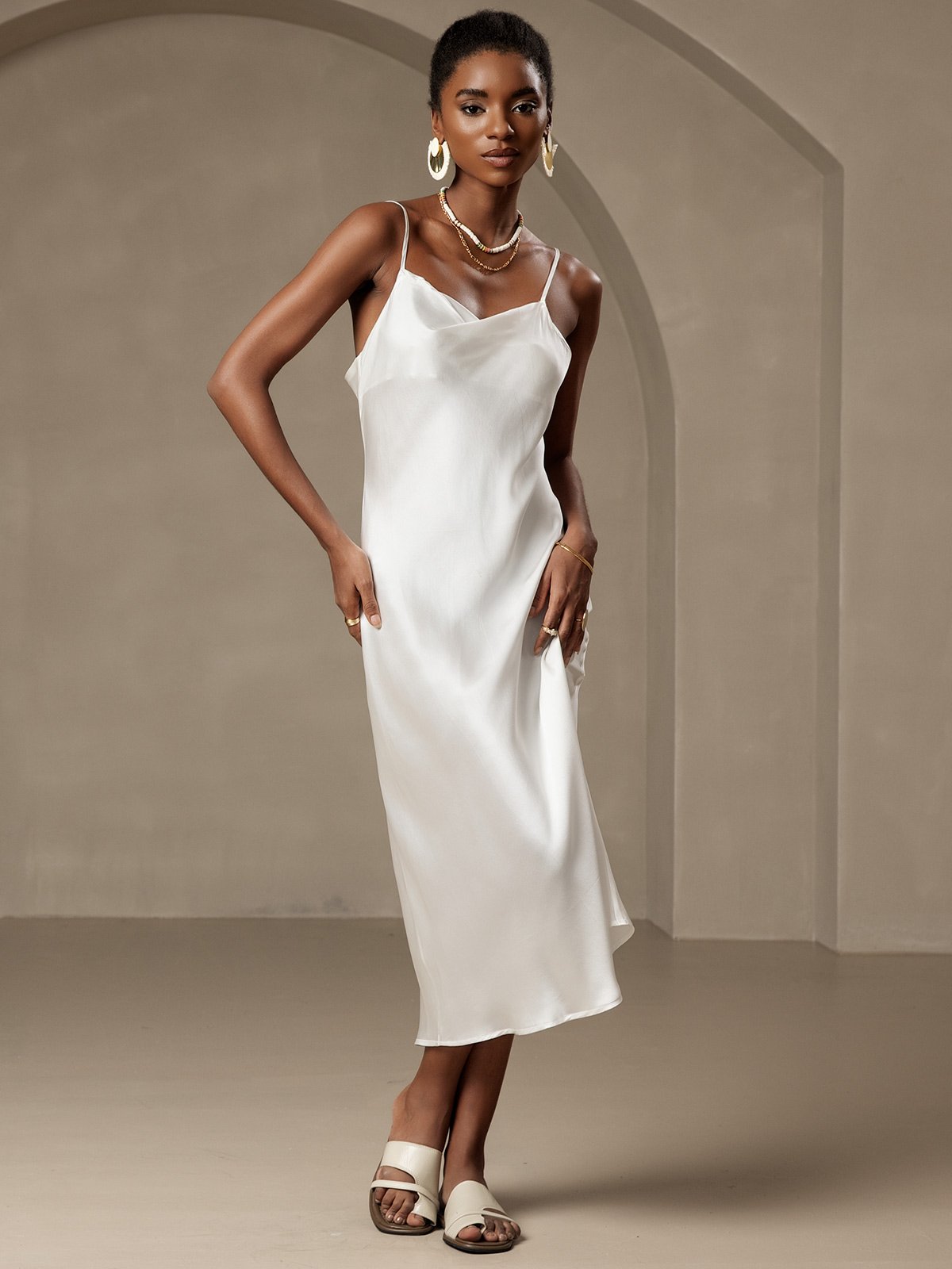 [White] SilkSilky-AU Pure Silk Sleeveless Cowl Neck Dress 001