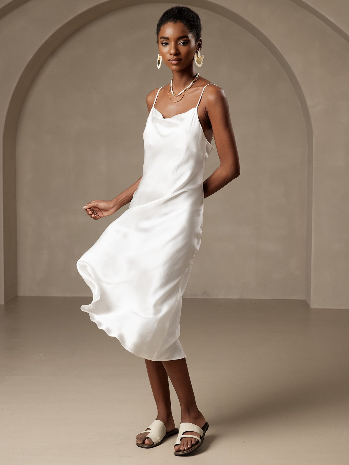 [White] SilkSilky-AU Pure Silk Sleeveless Cowl Neck Dress 003
