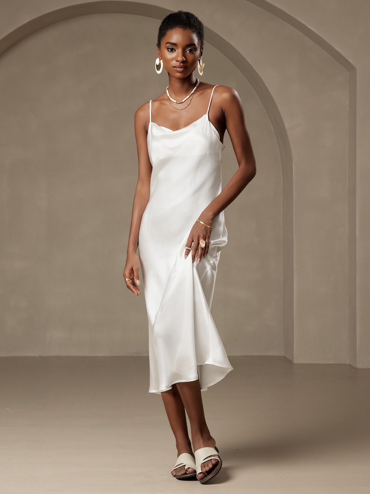 [White] SilkSilky-AU Pure Silk Sleeveless Cowl Neck Dress 005